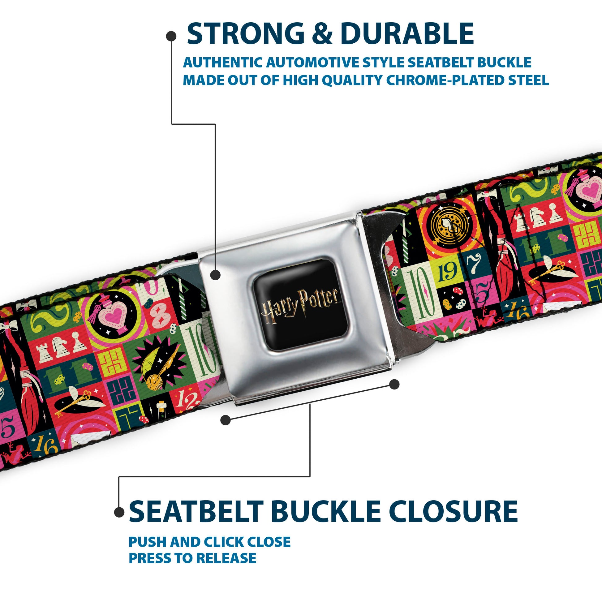 HARRY POTTER Title Logo Full Color Black Seatbelt Belt - Harry Potter Deck the Holidays Christmas Collage Multi Color Webbing Seatbelt Belts Harry Potter