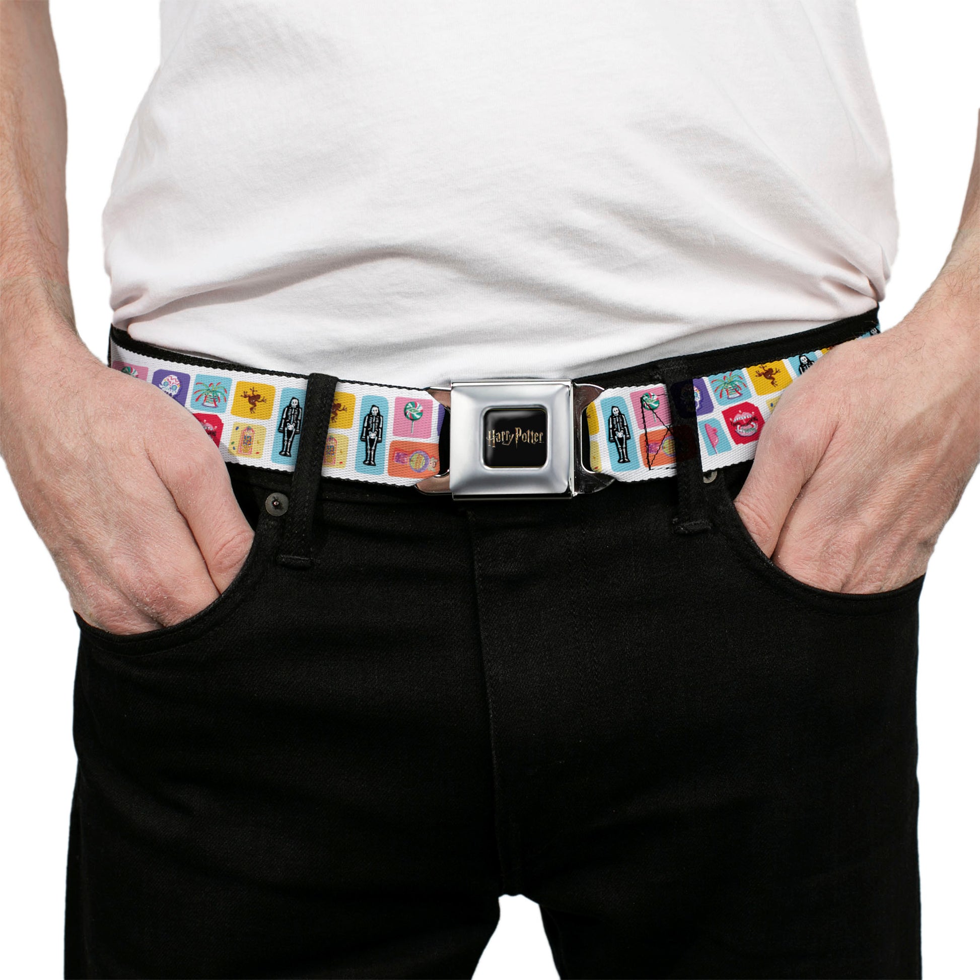 HARRY POTTER Title Logo Full Color Black Seatbelt Belt - Harry Potter Honeydukes Icons Collage White/Multi Color Webbing Seatbelt Belts Harry Potter