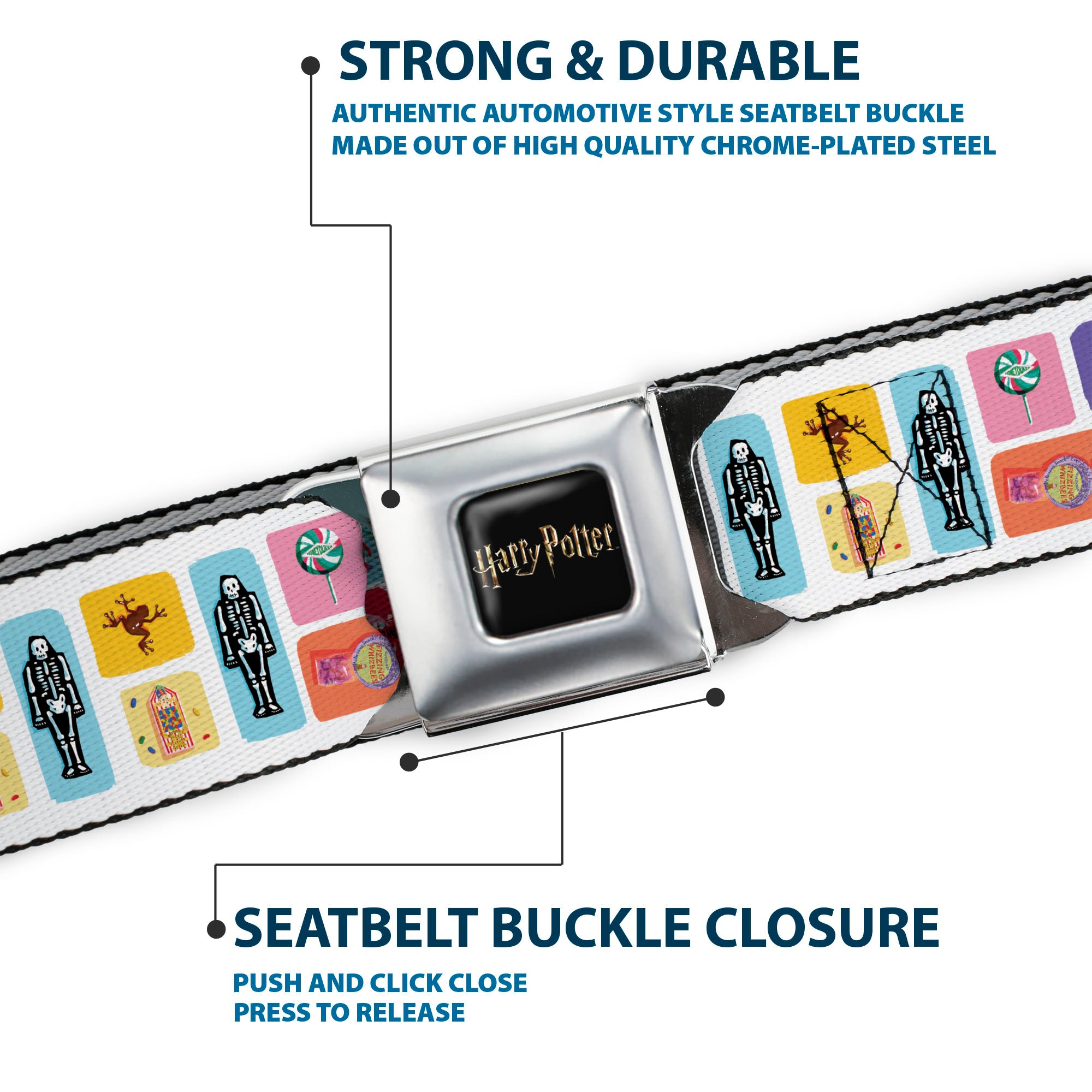 HARRY POTTER Title Logo Full Color Black Seatbelt Belt - Harry Potter Honeydukes Icons Collage White/Multi Color Webbing Seatbelt Belts Harry Potter