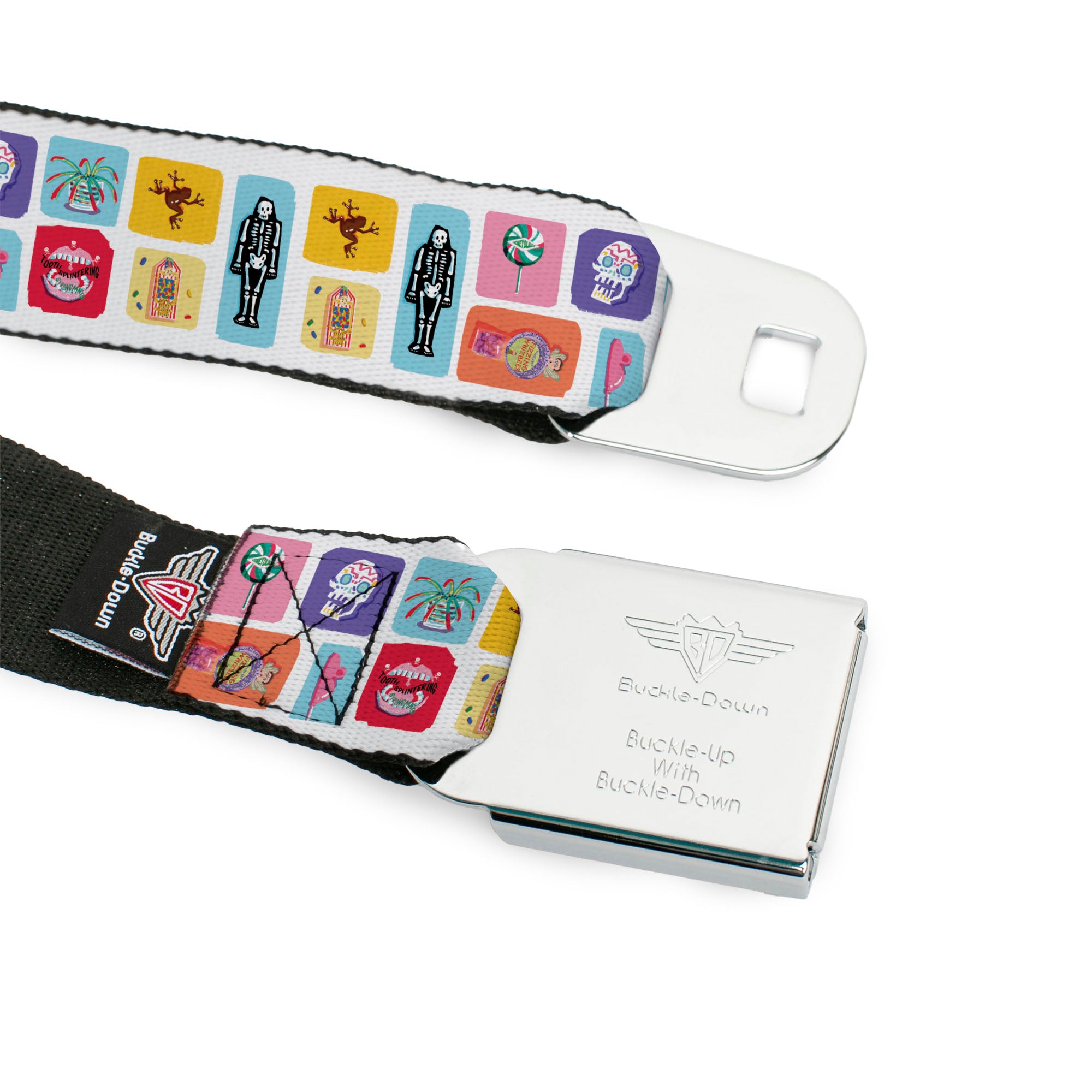 HARRY POTTER Title Logo Full Color Black Seatbelt Belt - Harry Potter Honeydukes Icons Collage White/Multi Color Webbing Seatbelt Belts Harry Potter