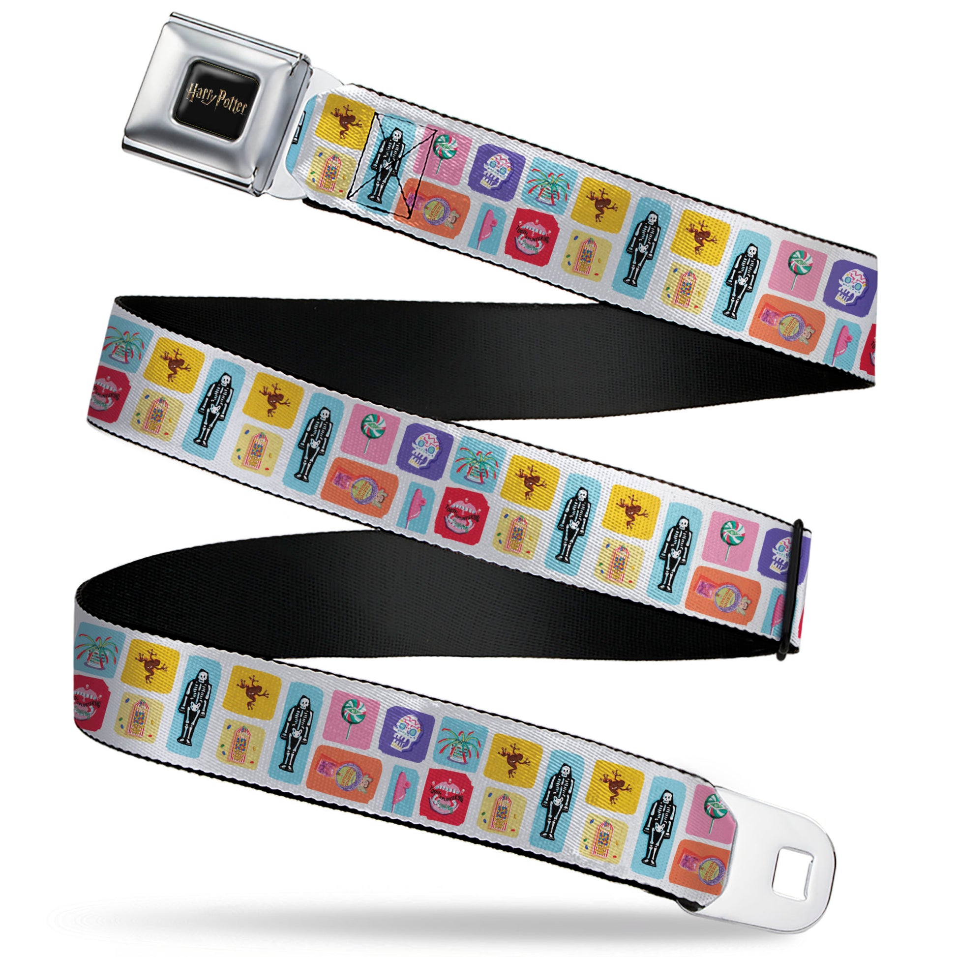 HARRY POTTER Title Logo Full Color Black Seatbelt Belt - Harry Potter Honeydukes Icons Collage White/Multi Color Webbing Seatbelt Belts Harry Potter