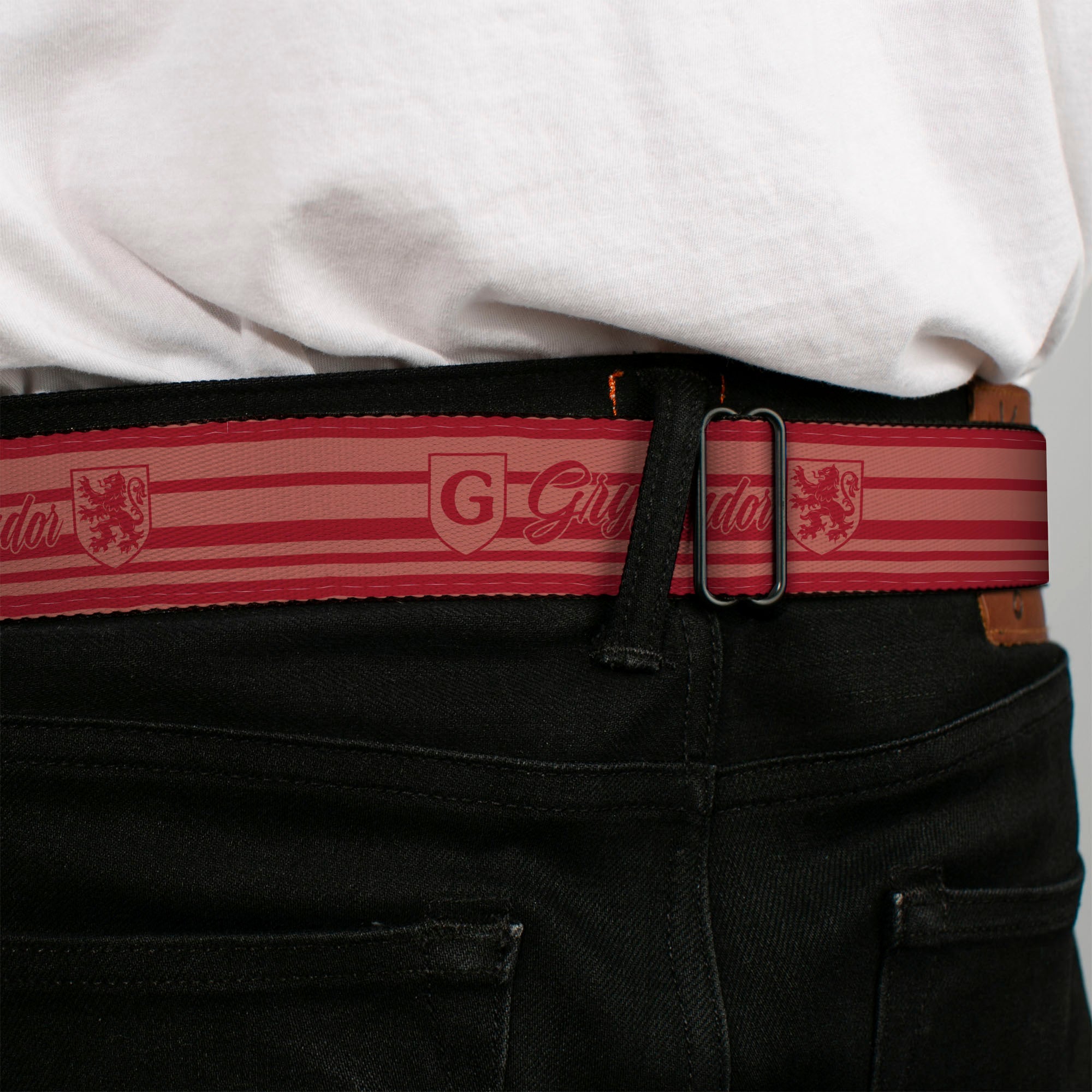 HARRY POTTER Title Logo Full Color Black Seatbelt Belt - Harry Potter Gryffindor House Champion Icons Stripe Red Webbing Seatbelt Belts Harry Potter