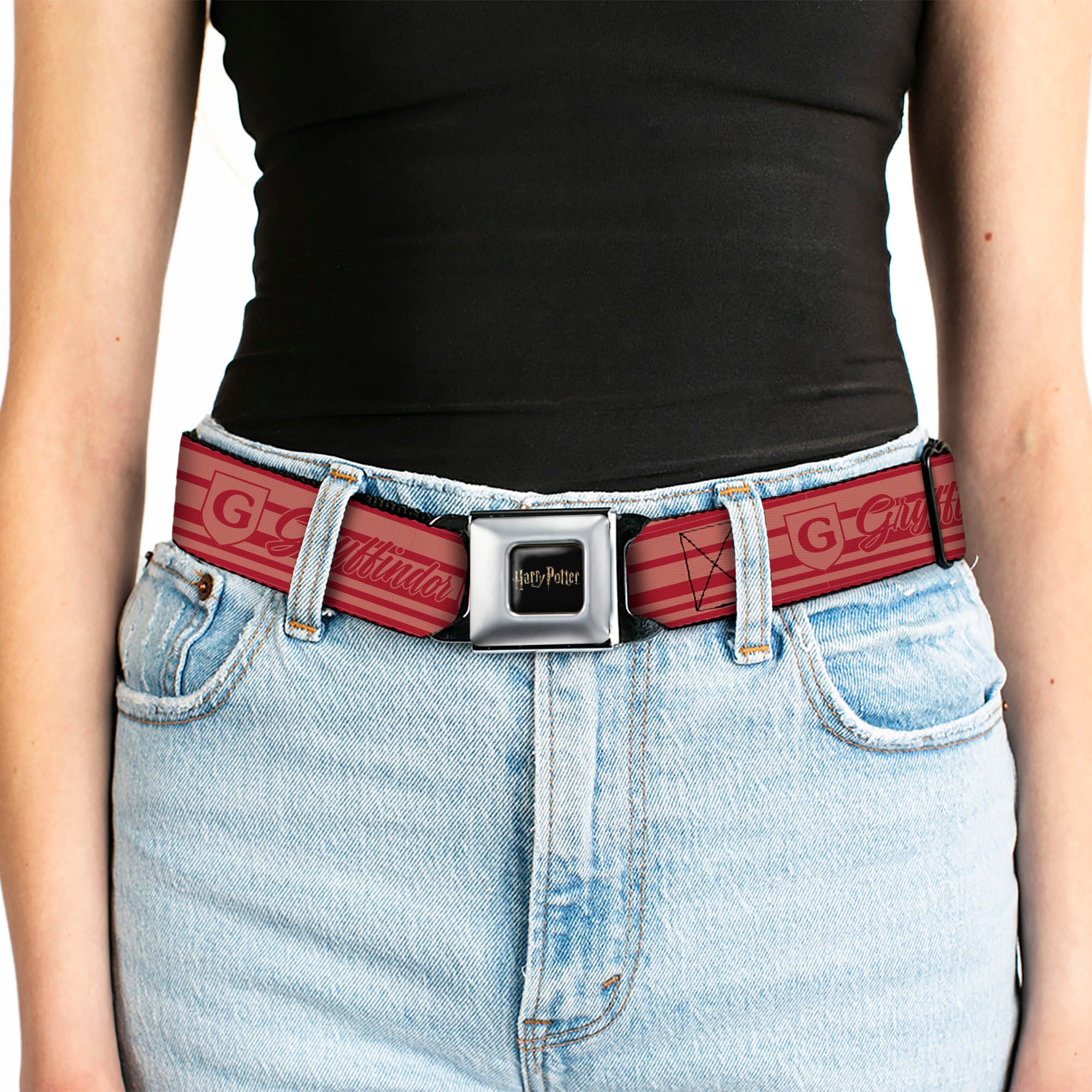 HARRY POTTER Title Logo Full Color Black Seatbelt Belt - Harry Potter Gryffindor House Champion Icons Stripe Red Webbing Seatbelt Belts Harry Potter