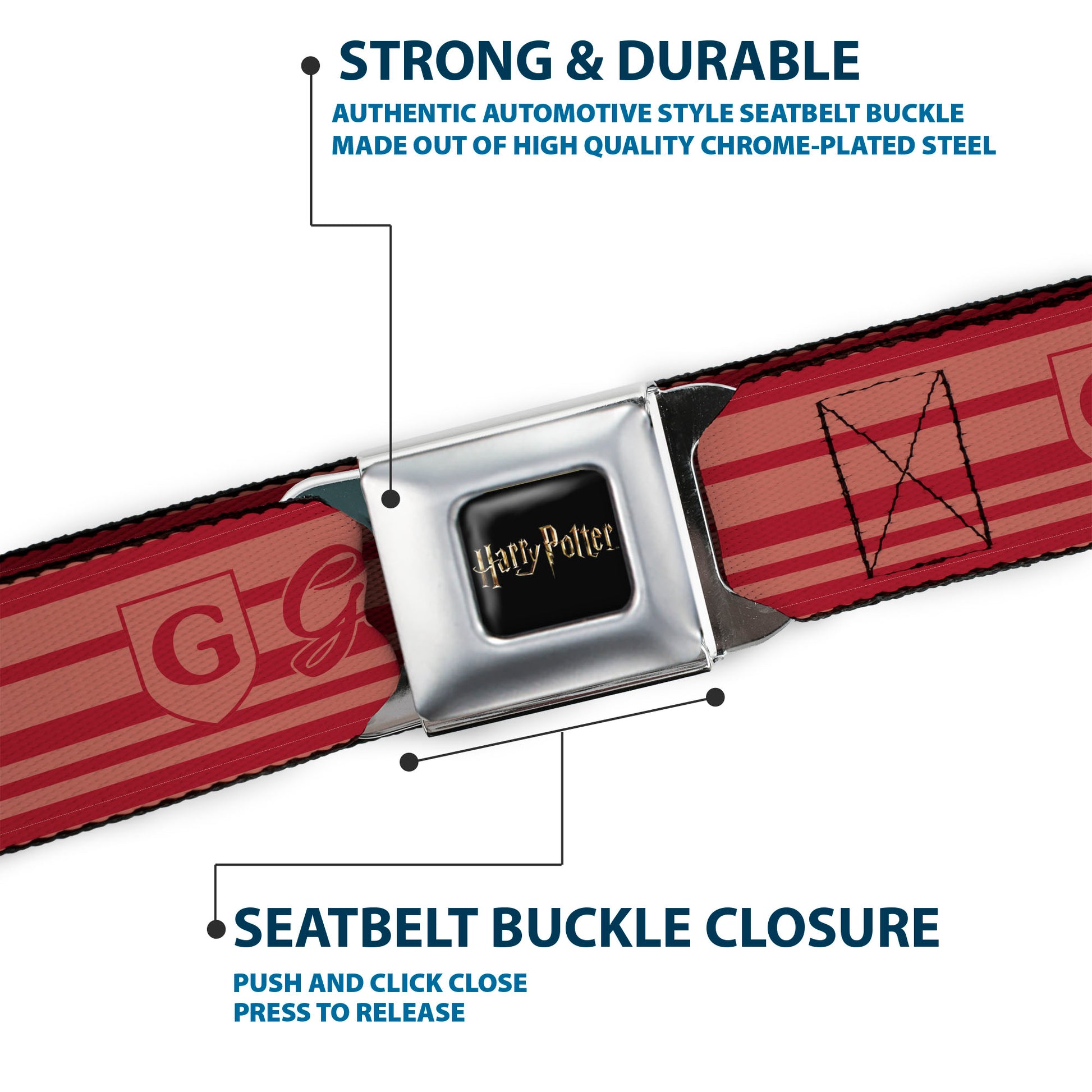 HARRY POTTER Title Logo Full Color Black Seatbelt Belt - Harry Potter Gryffindor House Champion Icons Stripe Red Webbing Seatbelt Belts Harry Potter