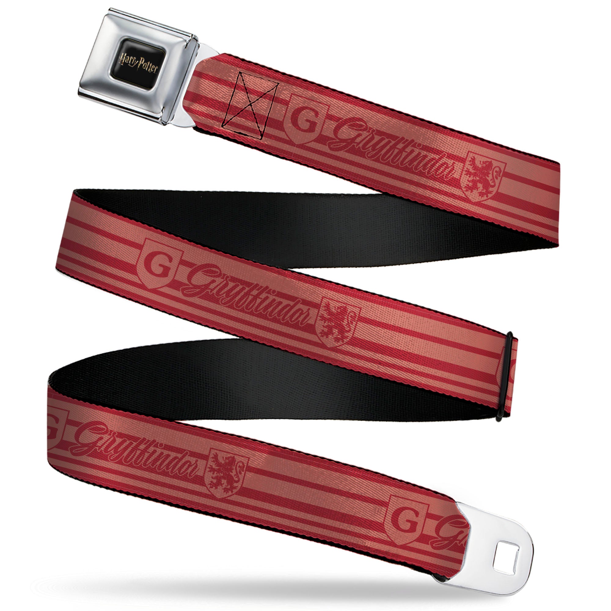 HARRY POTTER Title Logo Full Color Black Seatbelt Belt - Harry Potter Gryffindor House Champion Icons Stripe Red Webbing Seatbelt Belts Harry Potter