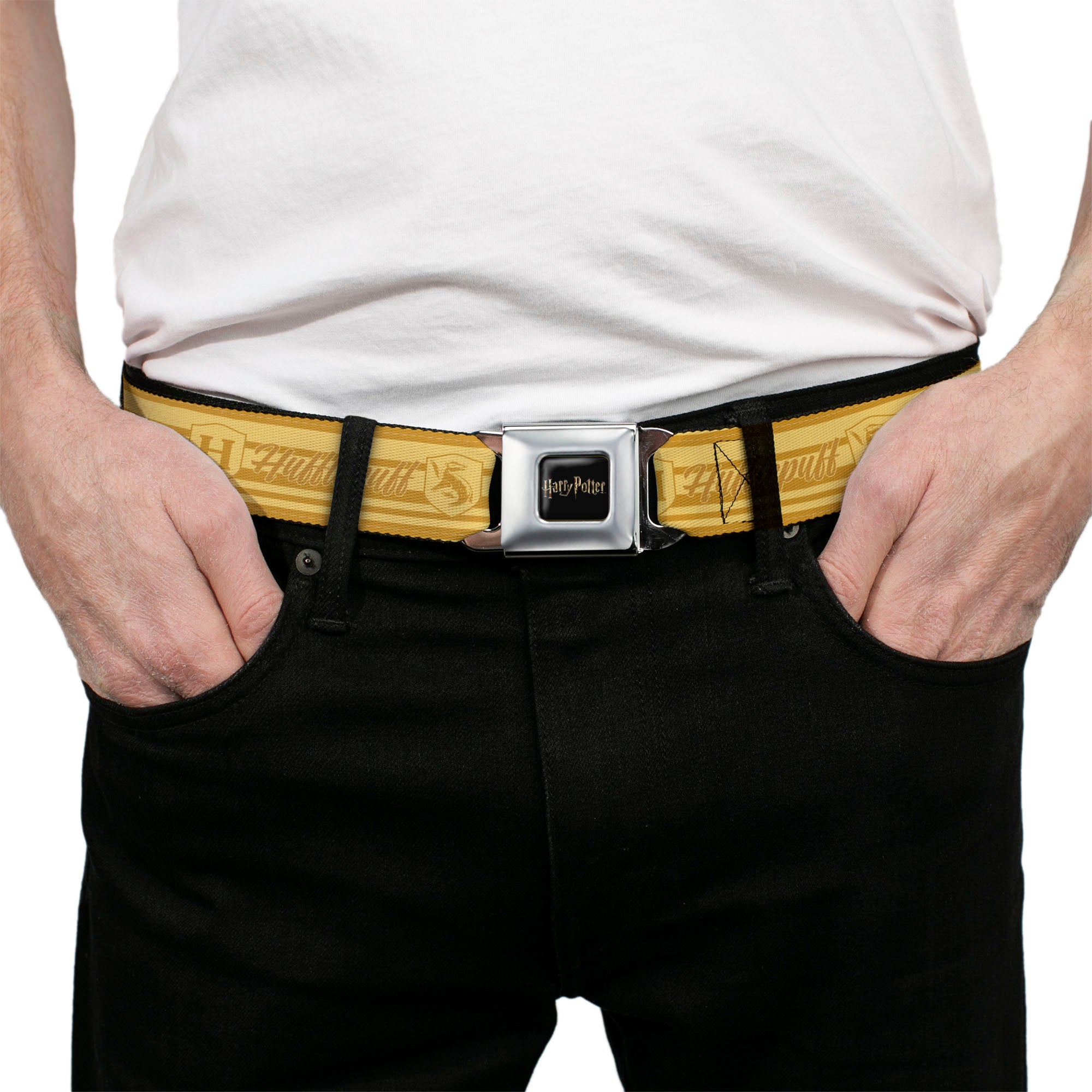 HARRY POTTER Title Logo Full Color Black Seatbelt Belt - Harry Potter Hufflepuff House Champion Icons Stripe Yellows Webbing Seatbelt Belts Harry Potter