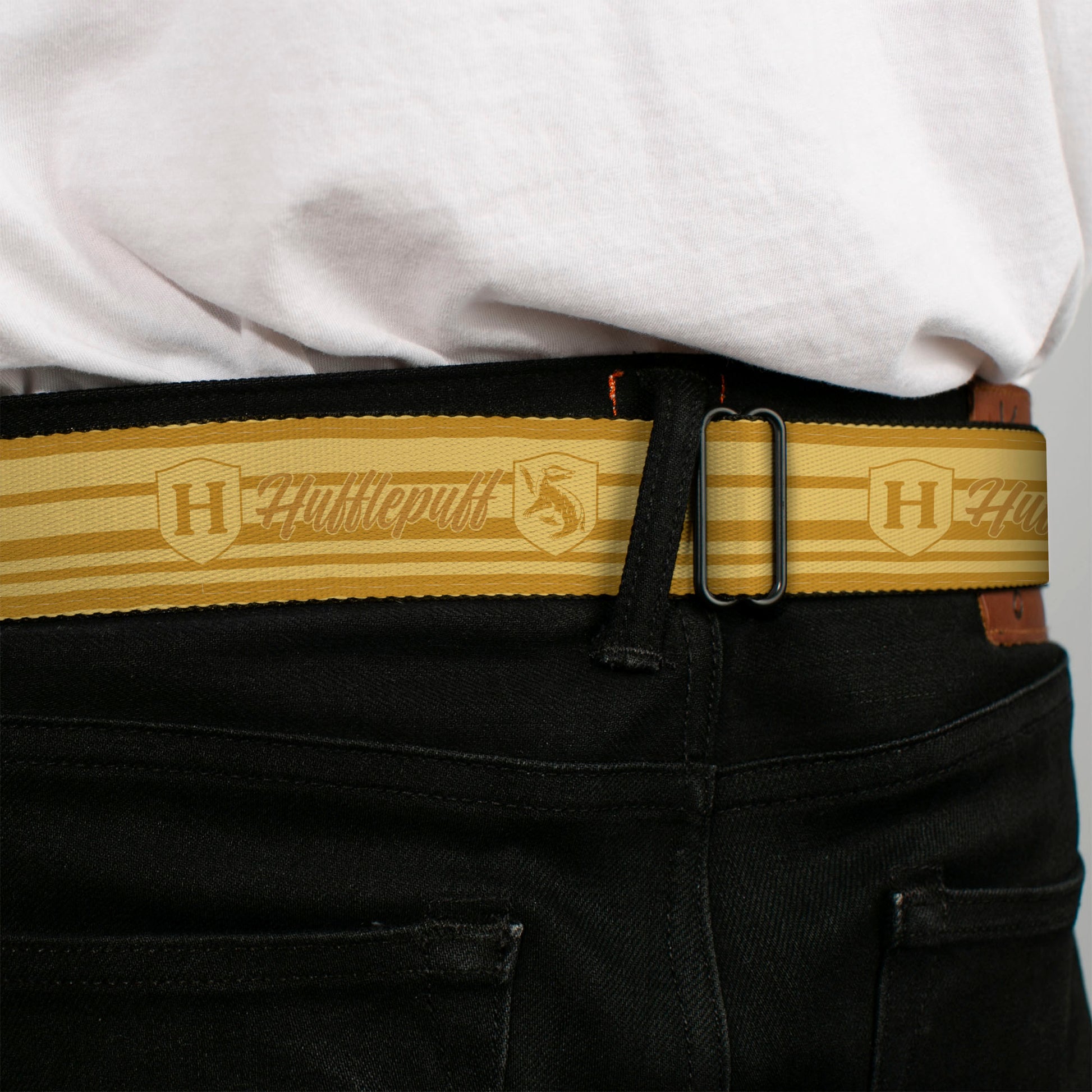 HARRY POTTER Title Logo Full Color Black Seatbelt Belt - Harry Potter Hufflepuff House Champion Icons Stripe Yellows Webbing Seatbelt Belts Harry Potter