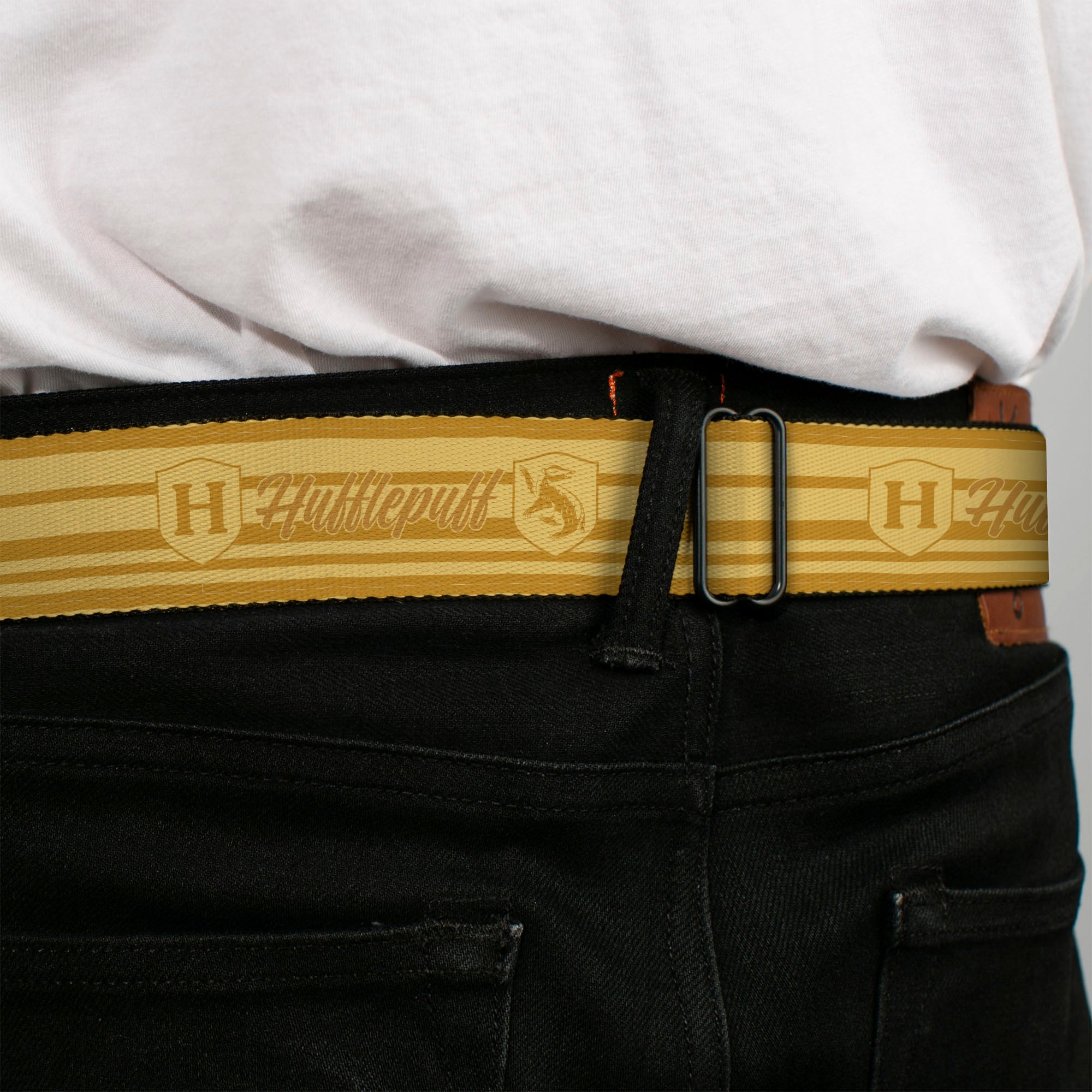 HARRY POTTER Title Logo Full Color Black Seatbelt Belt - Harry Potter Hufflepuff House Champion Icons Stripe Yellows Webbing Seatbelt Belts Harry Potter