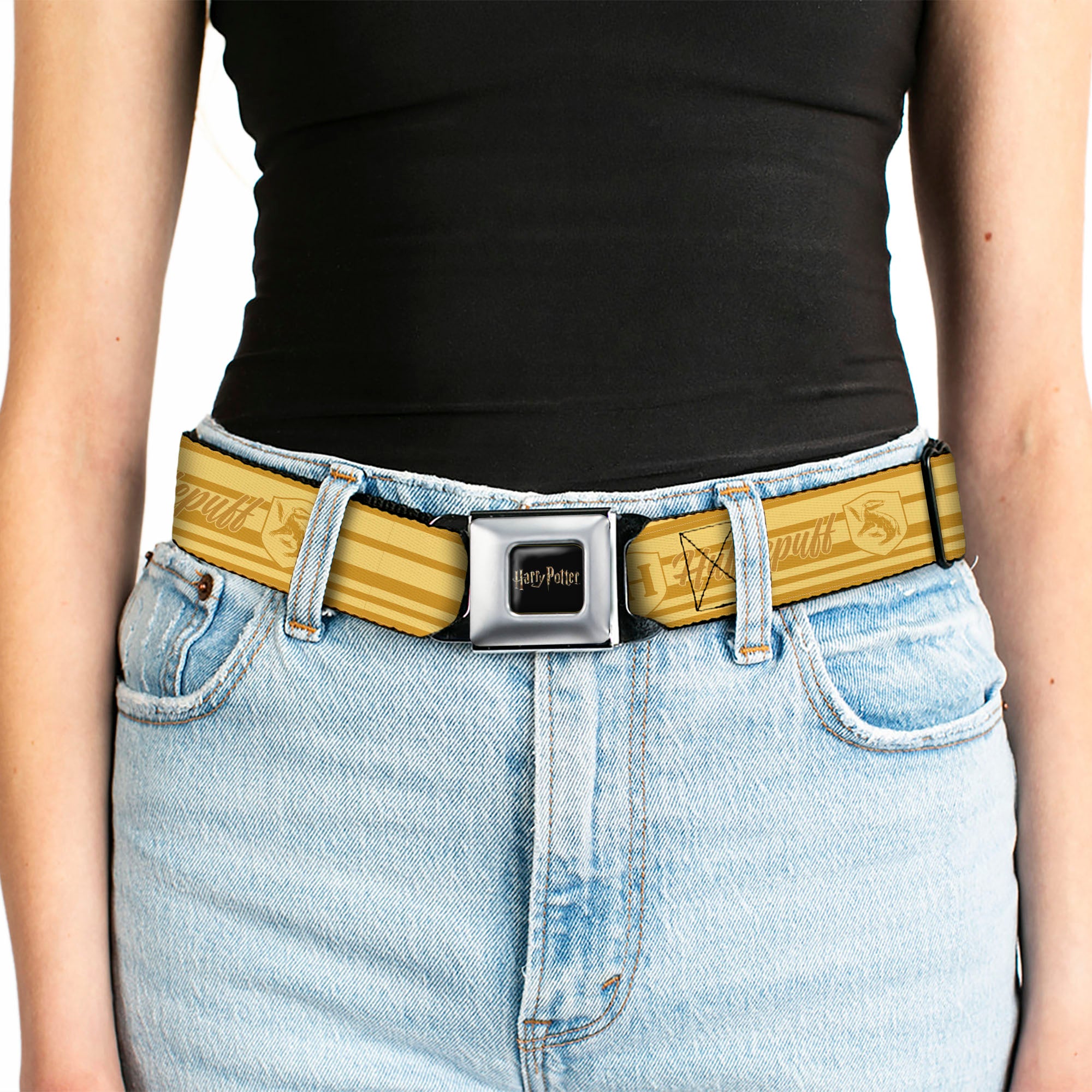 HARRY POTTER Title Logo Full Color Black Seatbelt Belt - Harry Potter Hufflepuff House Champion Icons Stripe Yellows Webbing Seatbelt Belts Harry Potter