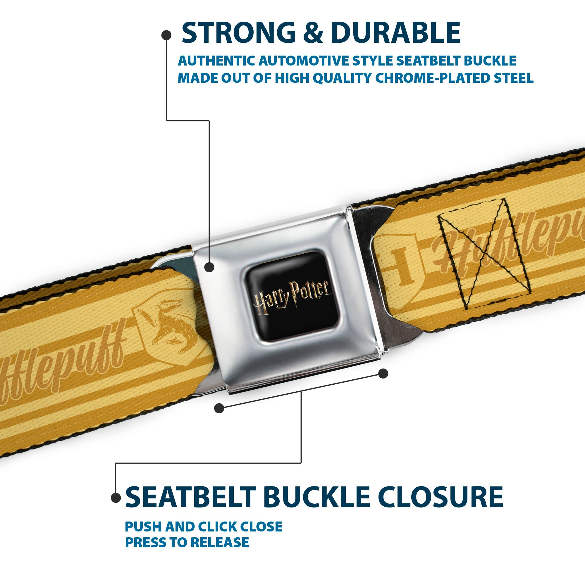 HARRY POTTER Title Logo Full Color Black Seatbelt Belt - Harry Potter Hufflepuff House Champion Icons Stripe Yellows Webbing Seatbelt Belts Harry Potter