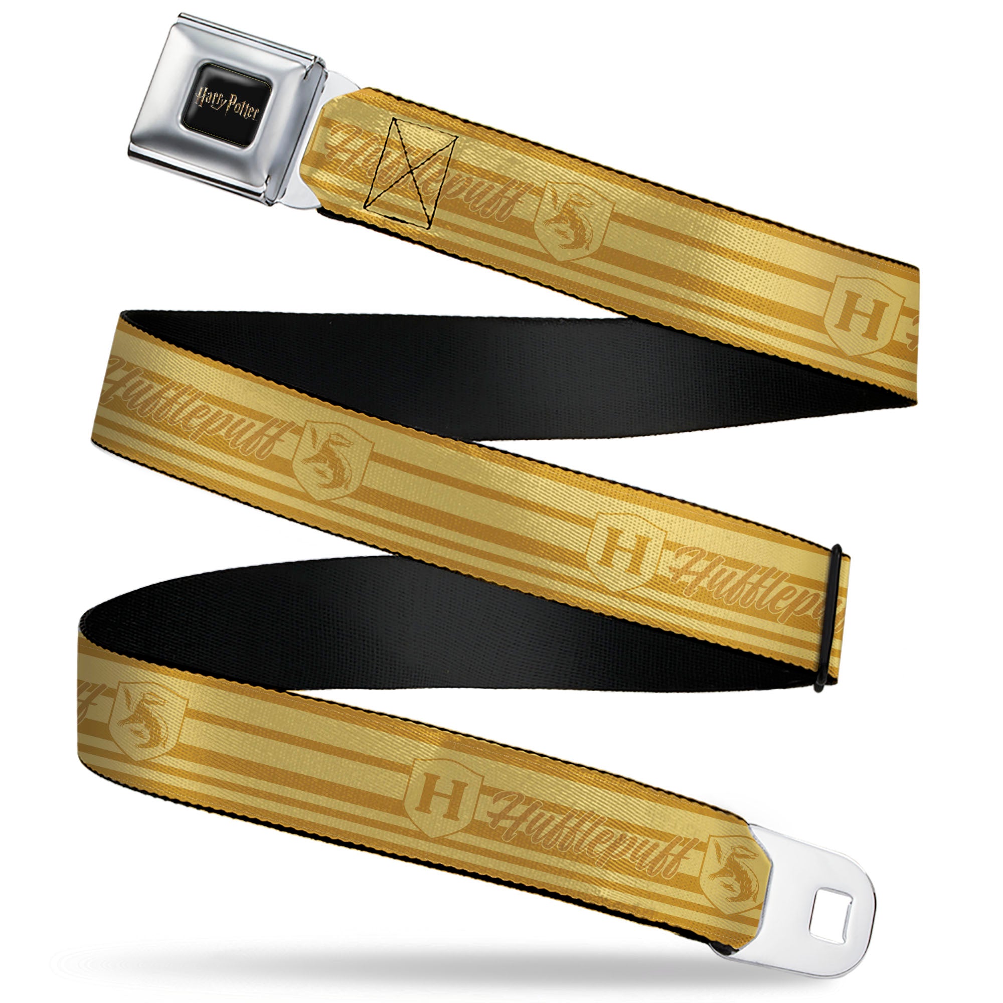 HARRY POTTER Title Logo Full Color Black Seatbelt Belt - Harry Potter Hufflepuff House Champion Icons Stripe Yellows Webbing Seatbelt Belts Harry Potter