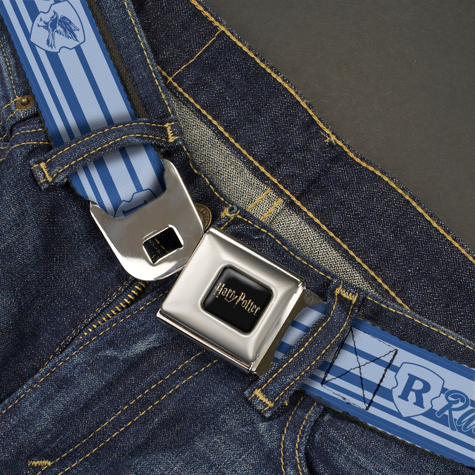 HARRY POTTER Title Logo Full Color Black Seatbelt Belt - Harry Potter Ravenclaw House Champion Icons Stripe Blues Webbing Seatbelt Belts Harry Potter
