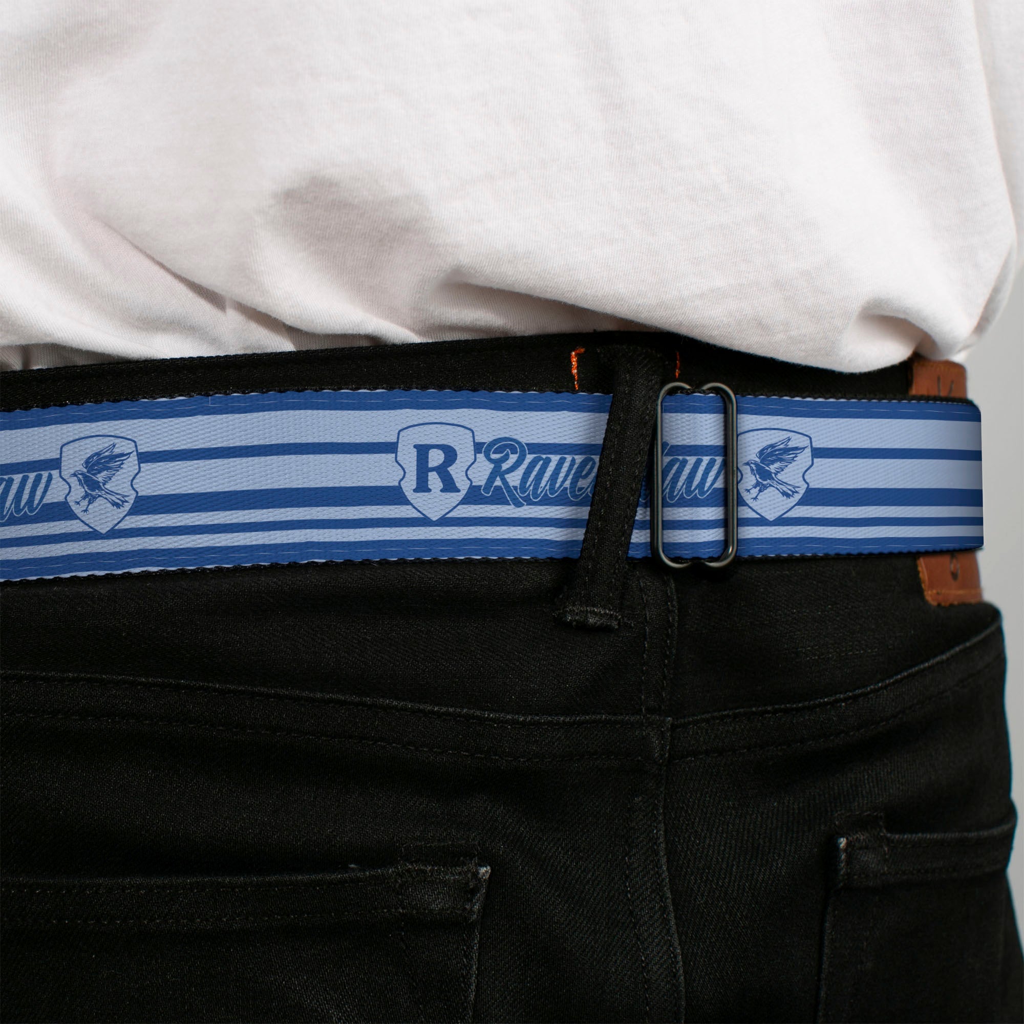 HARRY POTTER Title Logo Full Color Black Seatbelt Belt - Harry Potter Ravenclaw House Champion Icons Stripe Blues Webbing Seatbelt Belts Harry Potter