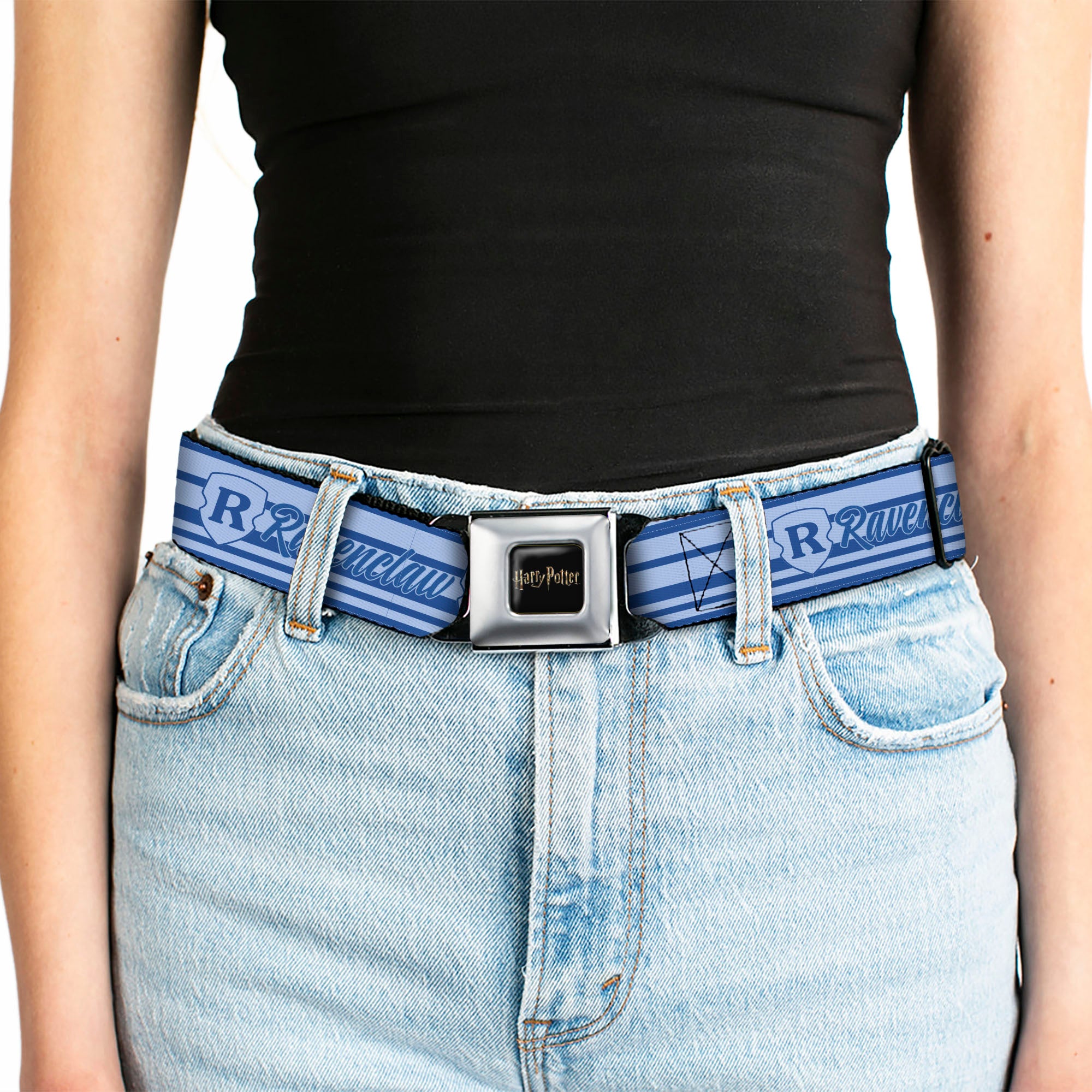 HARRY POTTER Title Logo Full Color Black Seatbelt Belt - Harry Potter Ravenclaw House Champion Icons Stripe Blues Webbing Seatbelt Belts Harry Potter