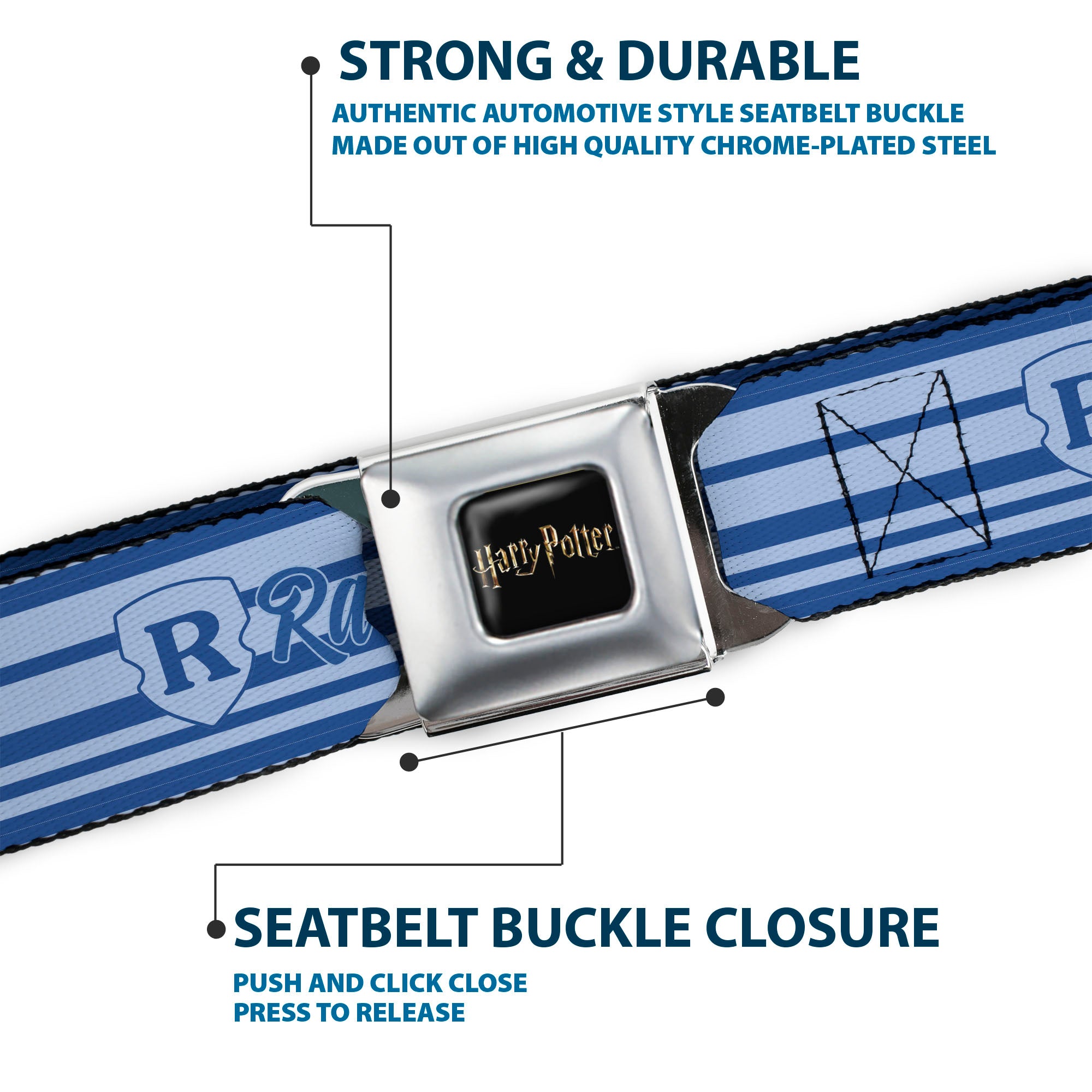 HARRY POTTER Title Logo Full Color Black Seatbelt Belt - Harry Potter Ravenclaw House Champion Icons Stripe Blues Webbing Seatbelt Belts Harry Potter