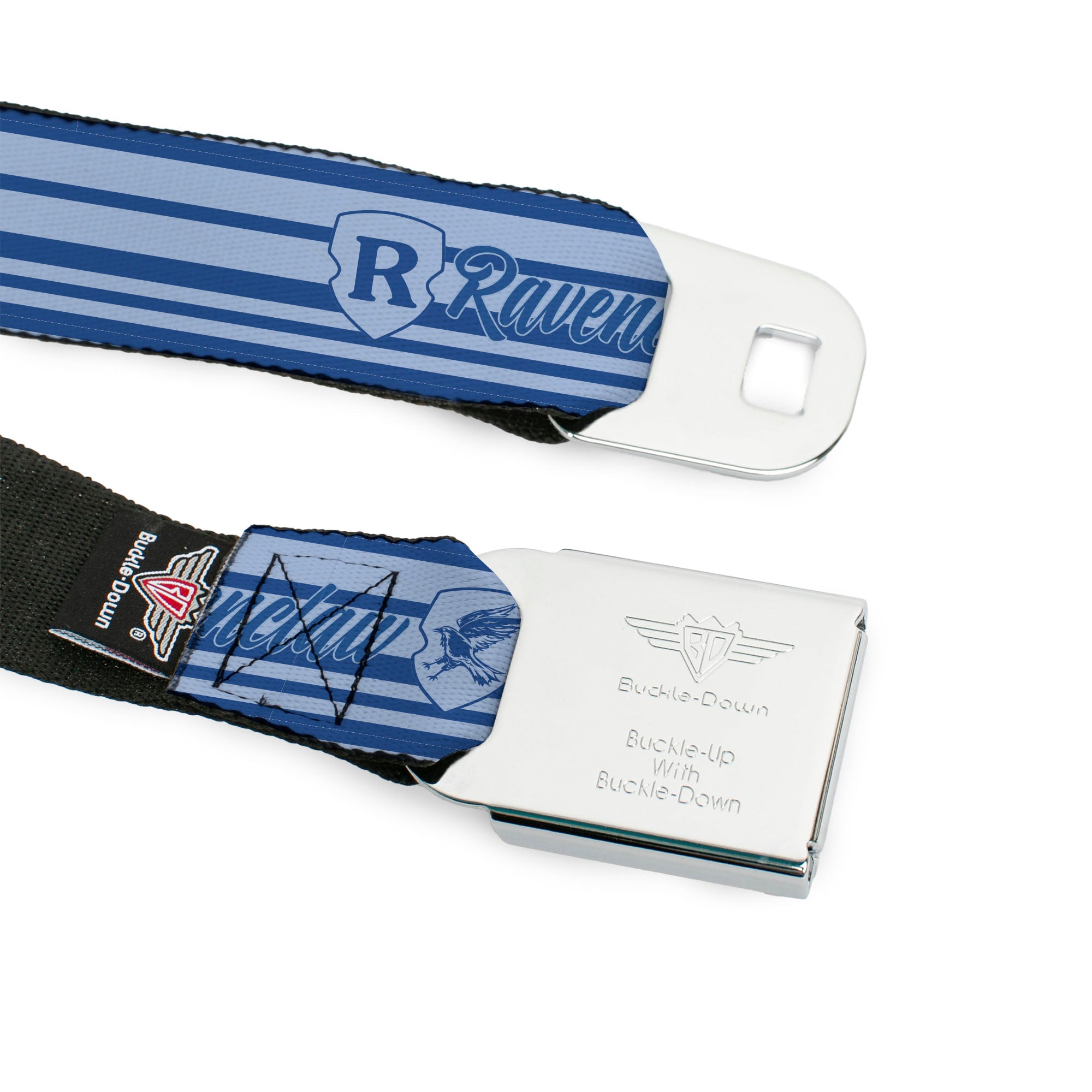 HARRY POTTER Title Logo Full Color Black Seatbelt Belt - Harry Potter Ravenclaw House Champion Icons Stripe Blues Webbing Seatbelt Belts Harry Potter