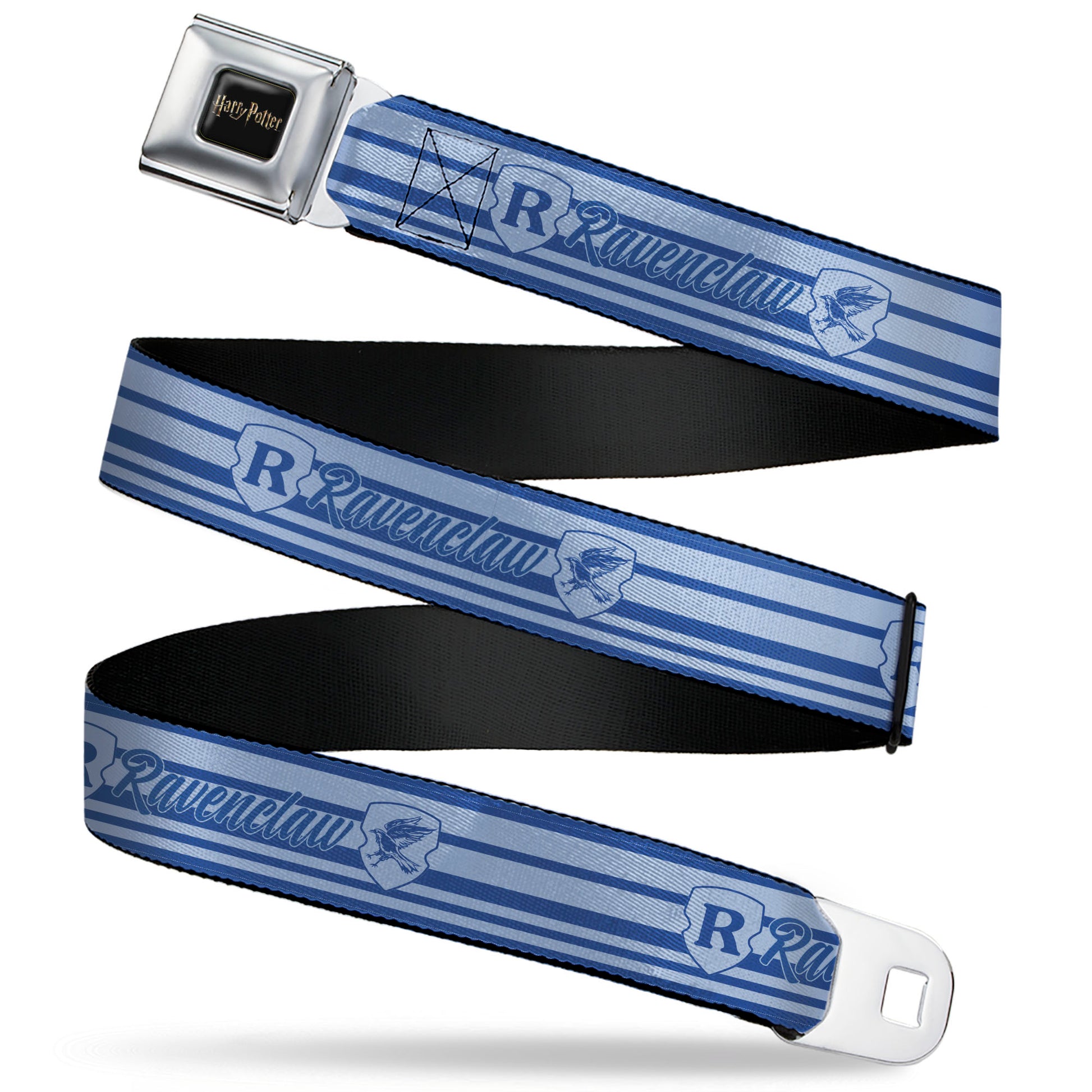 HARRY POTTER Title Logo Full Color Black Seatbelt Belt - Harry Potter Ravenclaw House Champion Icons Stripe Blues Webbing Seatbelt Belts Harry Potter