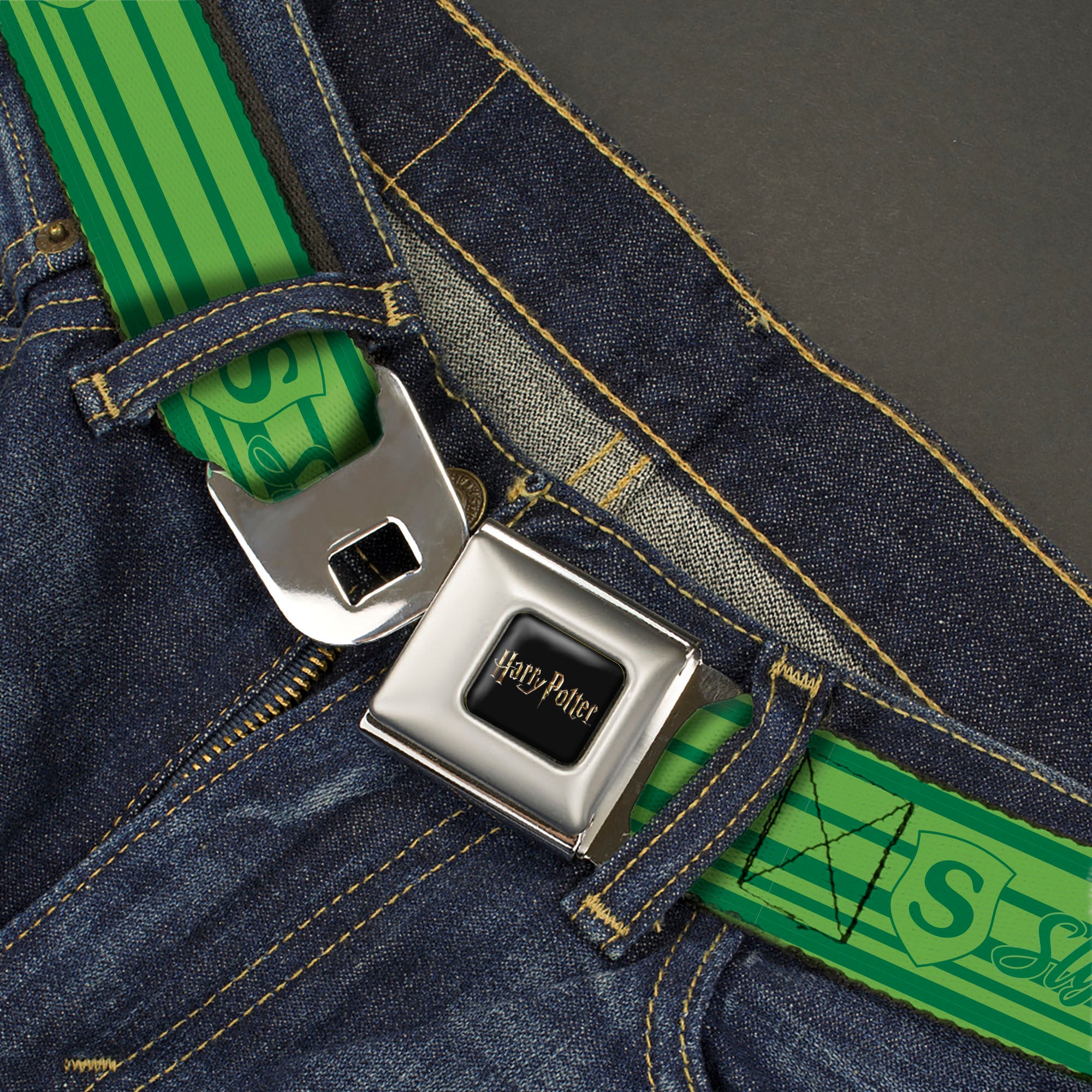 HARRY POTTER Title Logo Full Color Black Seatbelt Belt - Harry Potter Slytherin House Champion Icons Stripe Greens Webbing Seatbelt Belts Harry Potter