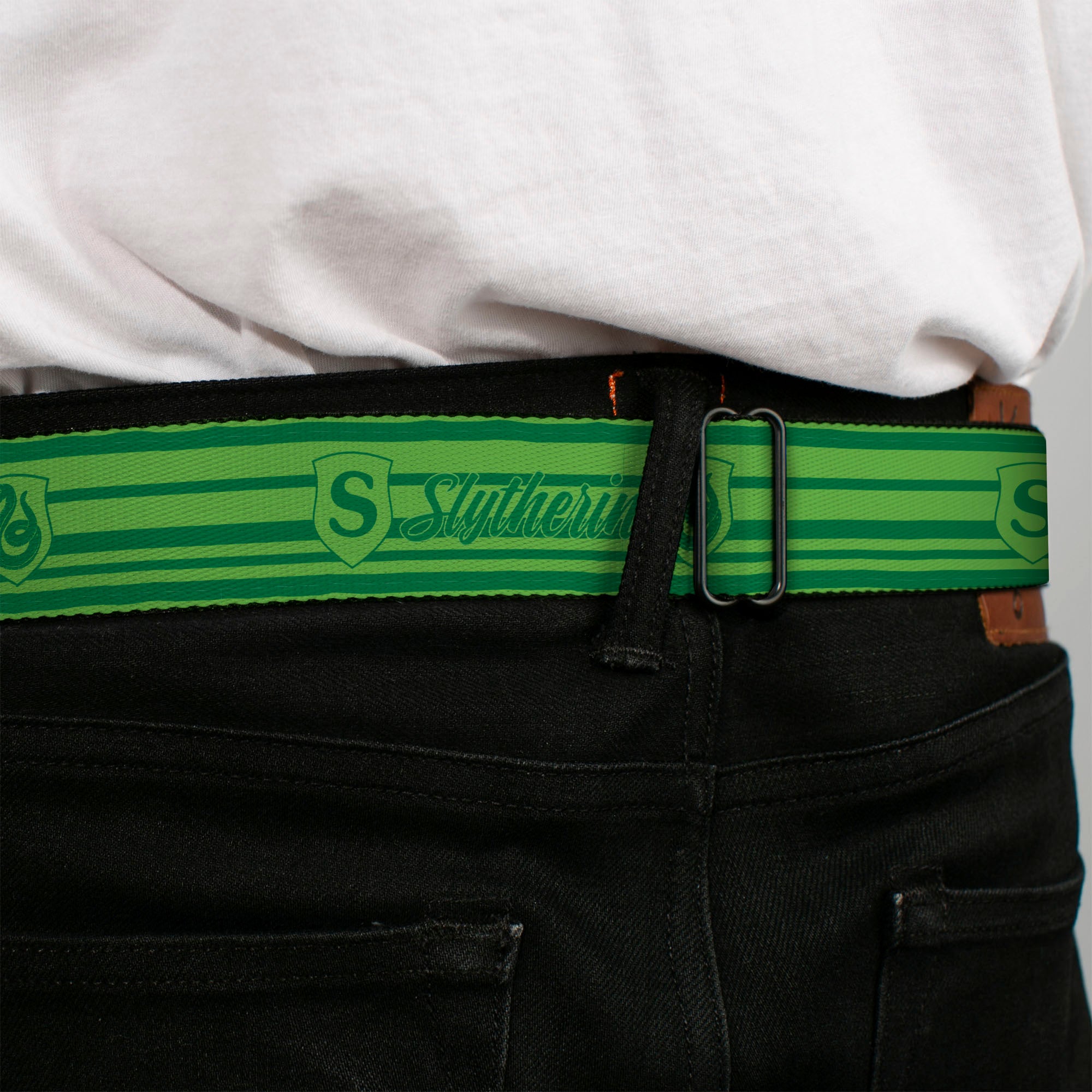 HARRY POTTER Title Logo Full Color Black Seatbelt Belt - Harry Potter Slytherin House Champion Icons Stripe Greens Webbing Seatbelt Belts Harry Potter