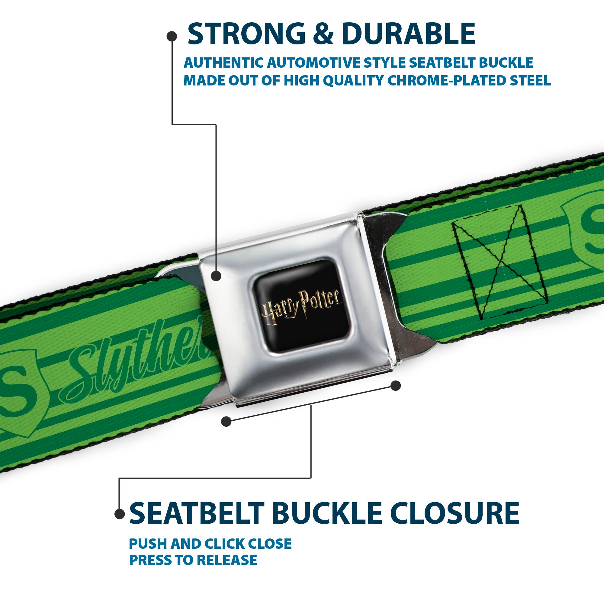 HARRY POTTER Title Logo Full Color Black Seatbelt Belt - Harry Potter Slytherin House Champion Icons Stripe Greens Webbing Seatbelt Belts Harry Potter