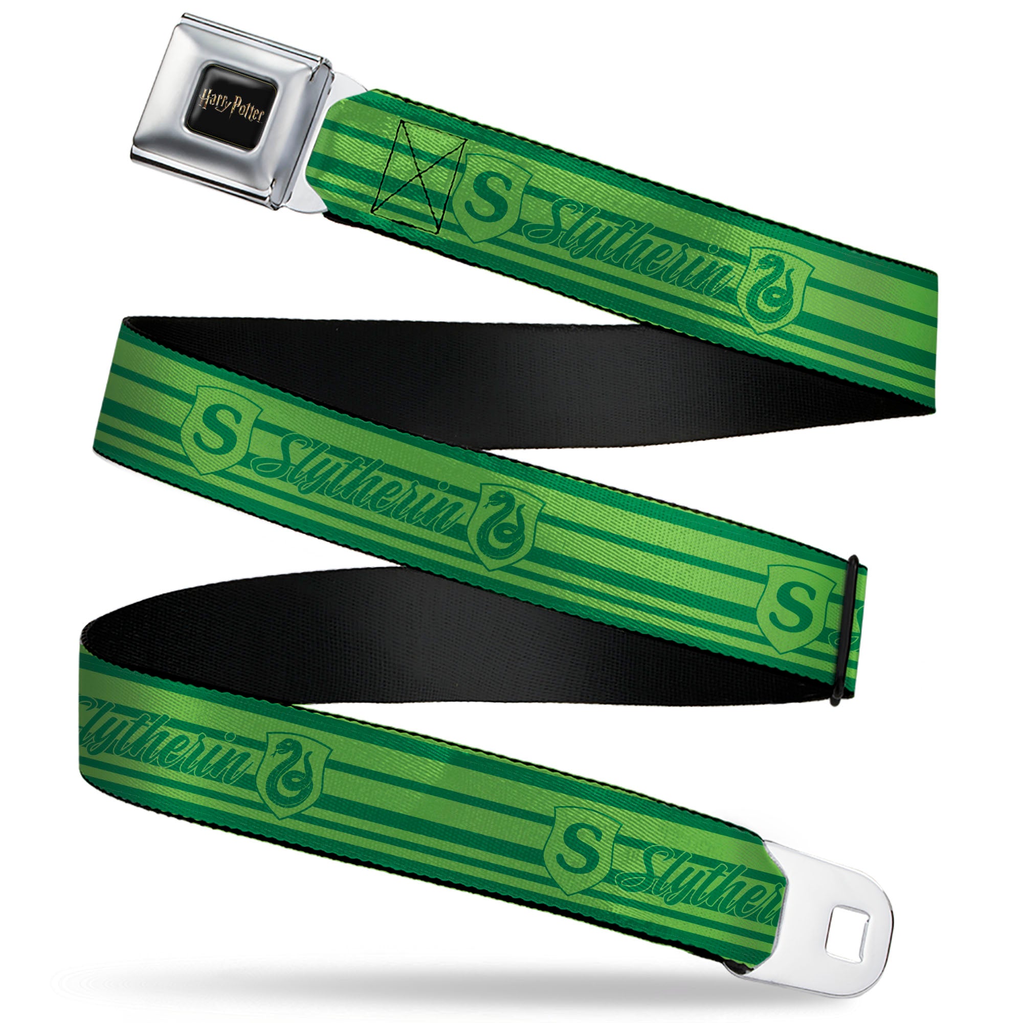 HARRY POTTER Title Logo Full Color Black Seatbelt Belt - Harry Potter Slytherin House Champion Icons Stripe Greens Webbing Seatbelt Belts Harry Potter