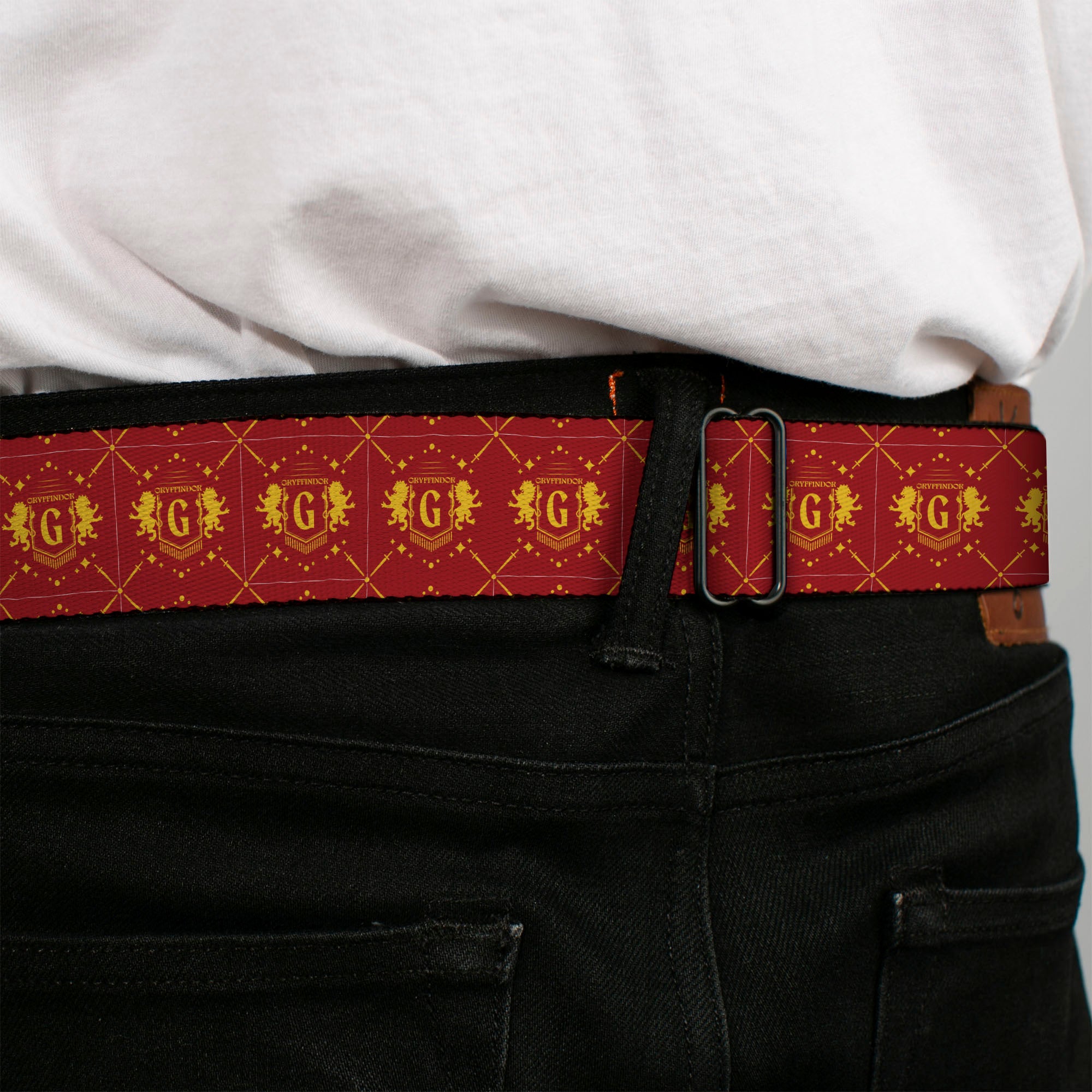 HARRY POTTER Title Logo Full Color Black Seatbelt Belt - Harry Potter Gryffindor House Pride Banner Burgundy/Yellow Webbing Seatbelt Belts Harry Potter