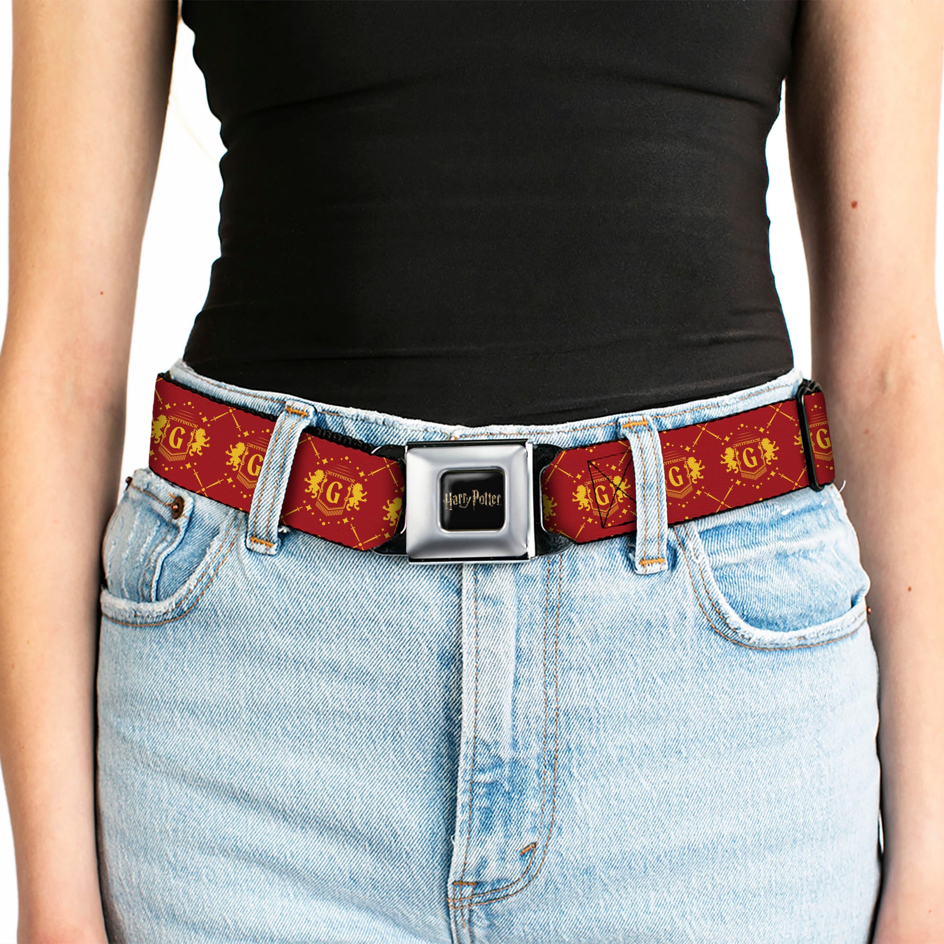 HARRY POTTER Title Logo Full Color Black Seatbelt Belt - Harry Potter Gryffindor House Pride Banner Burgundy/Yellow Webbing Seatbelt Belts Harry Potter