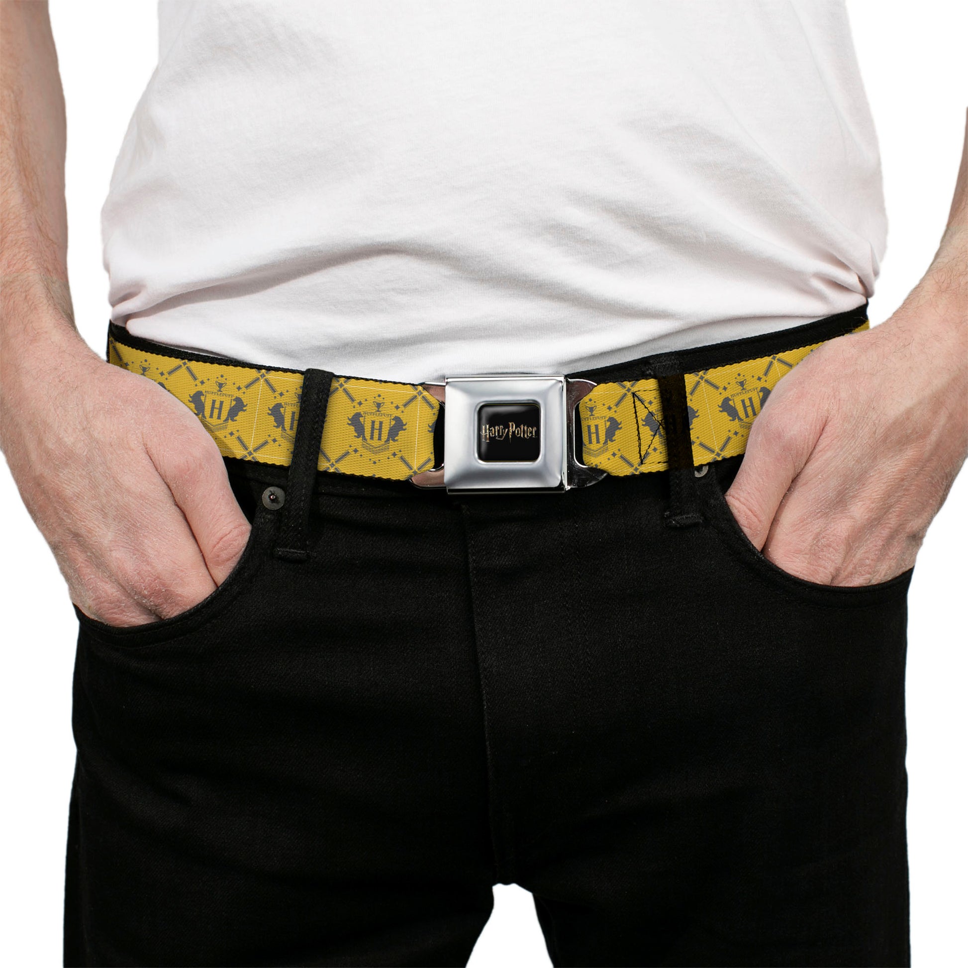 HARRY POTTER Title Logo Full Color Black Seatbelt Belt - Harry Potter Hufflepuff House Pride Banner Yellow/Gray Webbing Seatbelt Belts Harry Potter