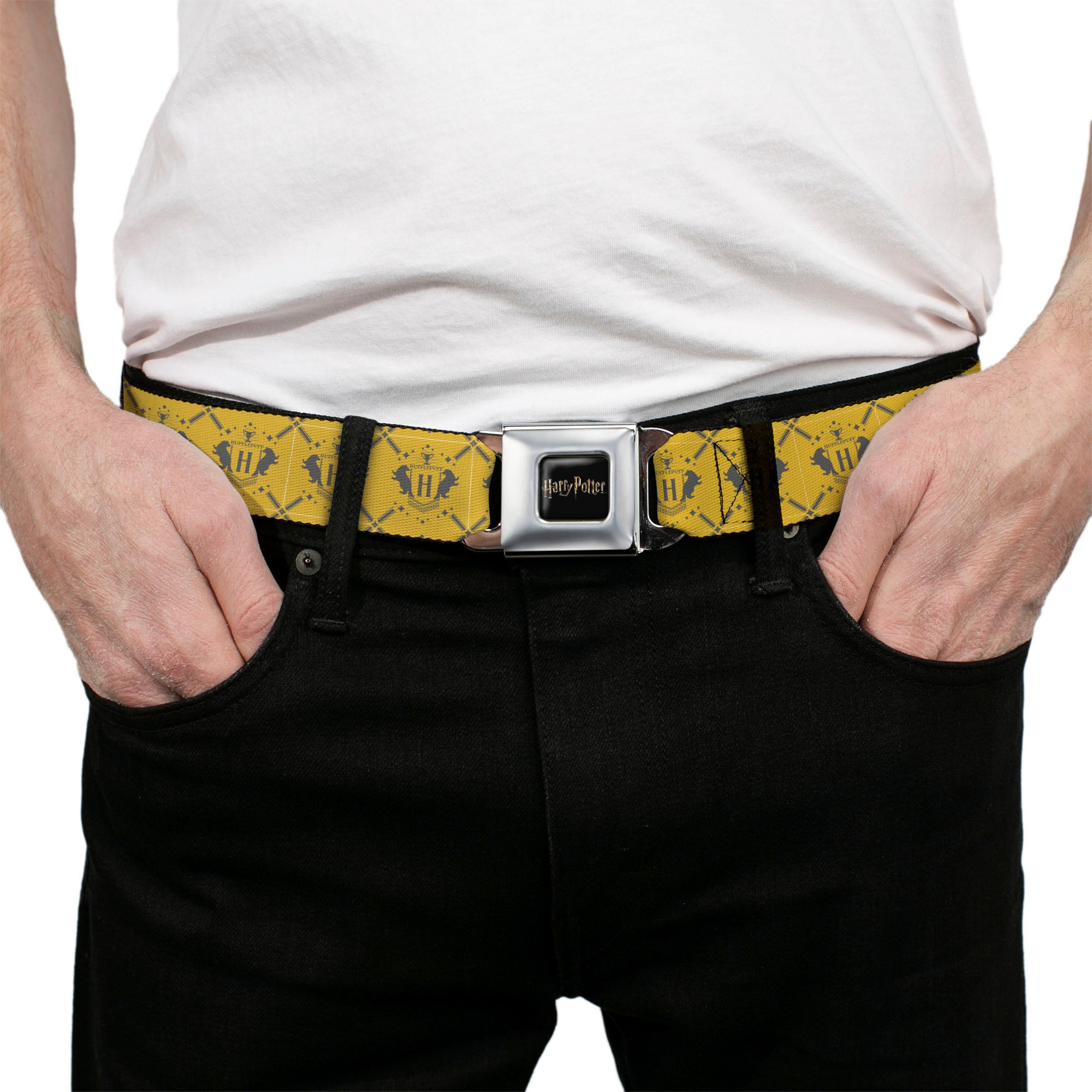 HARRY POTTER Title Logo Full Color Black Seatbelt Belt - Harry Potter Hufflepuff House Pride Banner Yellow/Gray Webbing Seatbelt Belts Harry Potter
