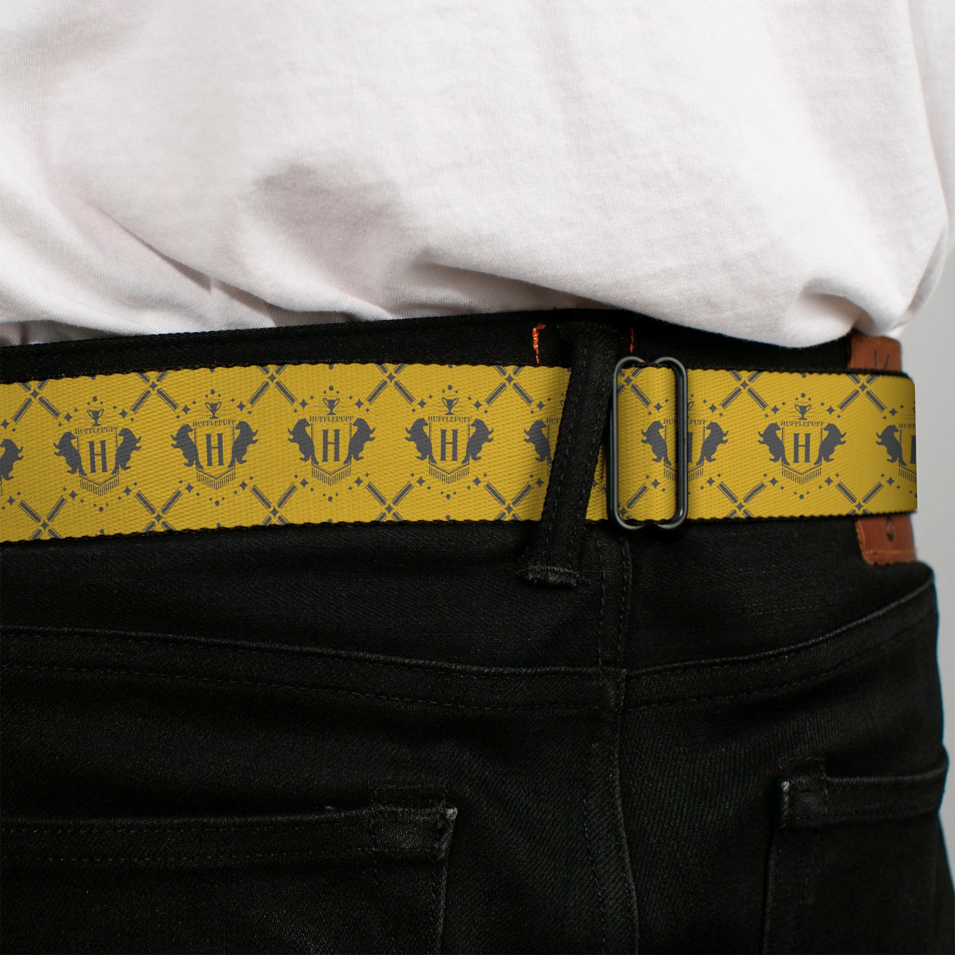HARRY POTTER Title Logo Full Color Black Seatbelt Belt - Harry Potter Hufflepuff House Pride Banner Yellow/Gray Webbing Seatbelt Belts Harry Potter