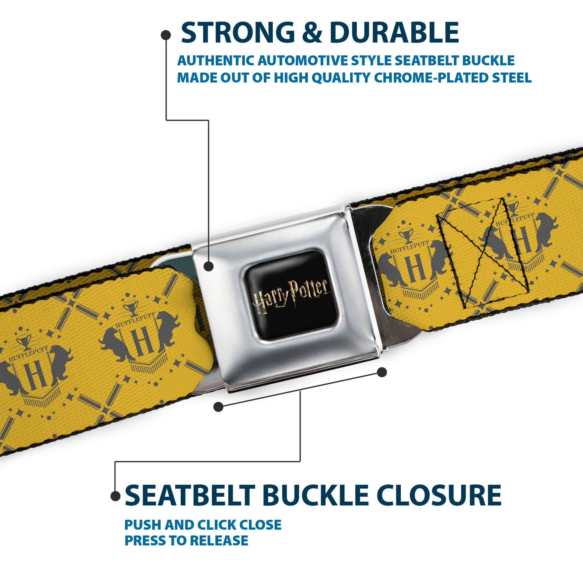 HARRY POTTER Title Logo Full Color Black Seatbelt Belt - Harry Potter Hufflepuff House Pride Banner Yellow/Gray Webbing Seatbelt Belts Harry Potter