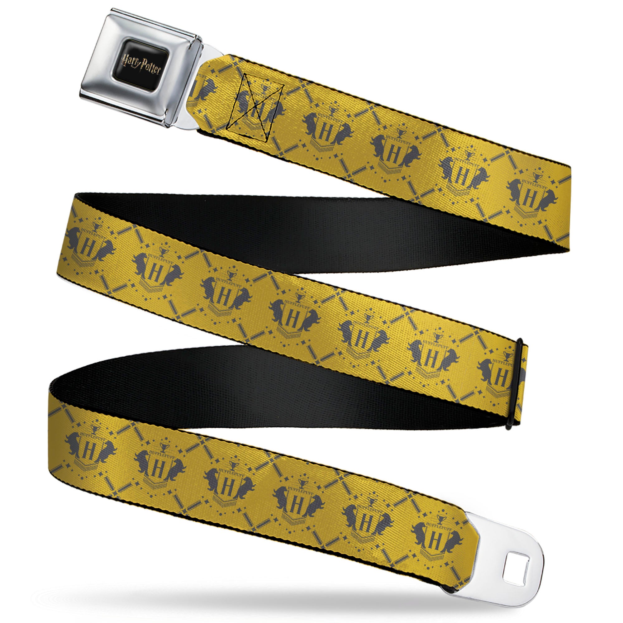 HARRY POTTER Title Logo Full Color Black Seatbelt Belt - Harry Potter Hufflepuff House Pride Banner Yellow/Gray Webbing Seatbelt Belts Harry Potter