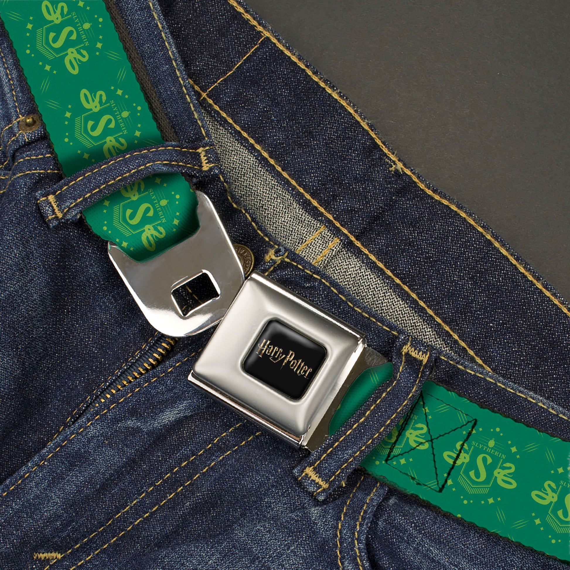 HARRY POTTER Title Logo Full Color Black Seatbelt Belt - Harry Potter Slytherin House Pride Banner Greens Webbing Seatbelt Belts Harry Potter