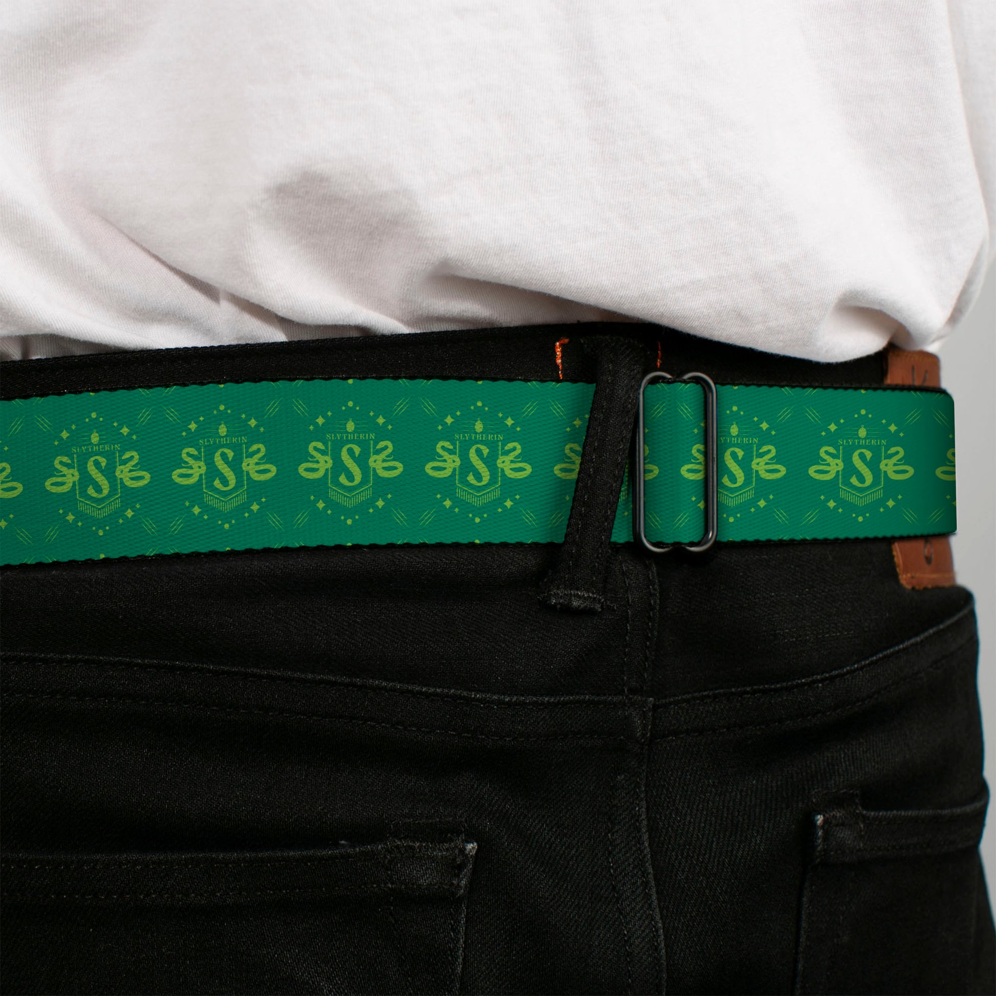 HARRY POTTER Title Logo Full Color Black Seatbelt Belt - Harry Potter Slytherin House Pride Banner Greens Webbing Seatbelt Belts Harry Potter