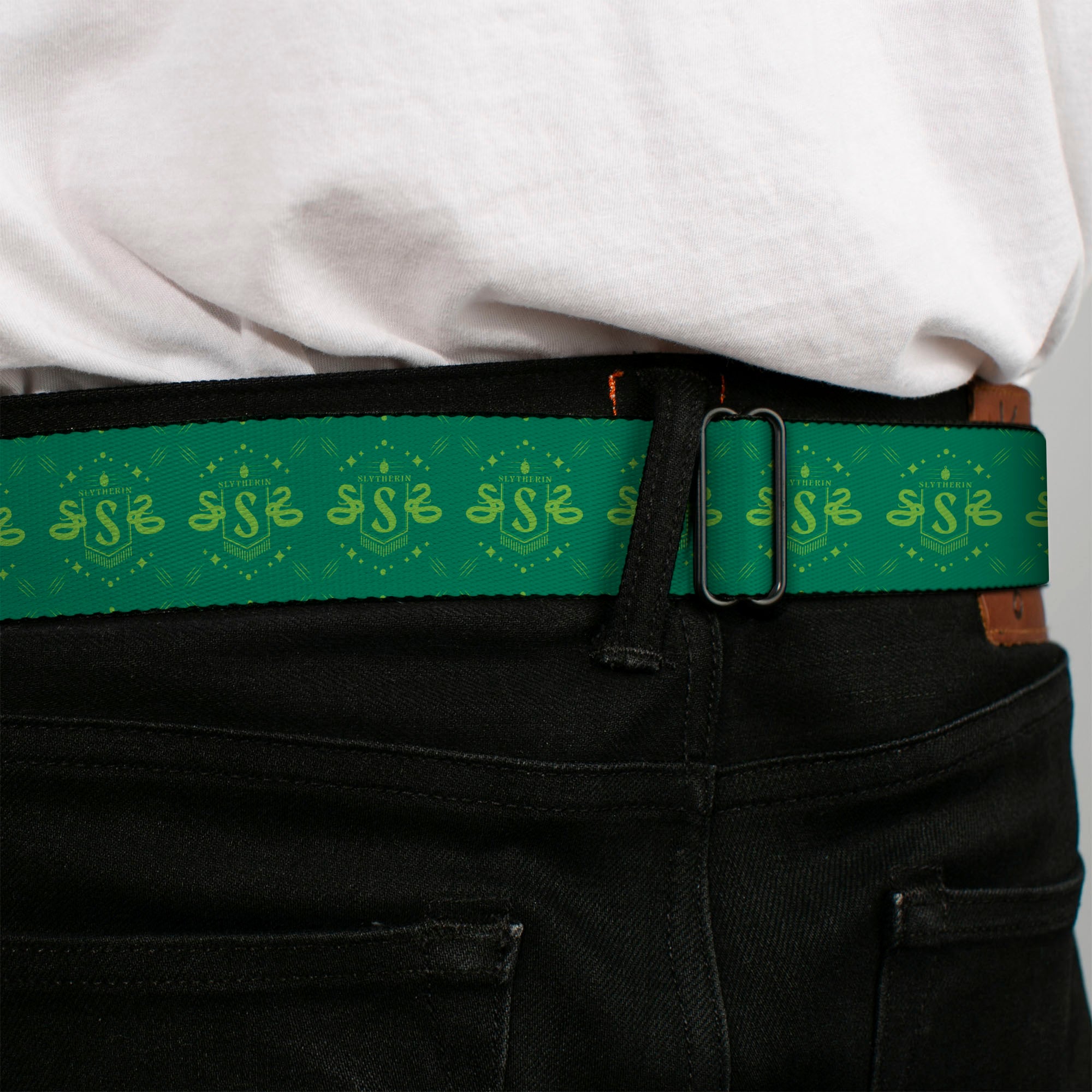 HARRY POTTER Title Logo Full Color Black Seatbelt Belt - Harry Potter Slytherin House Pride Banner Greens Webbing Seatbelt Belts Harry Potter