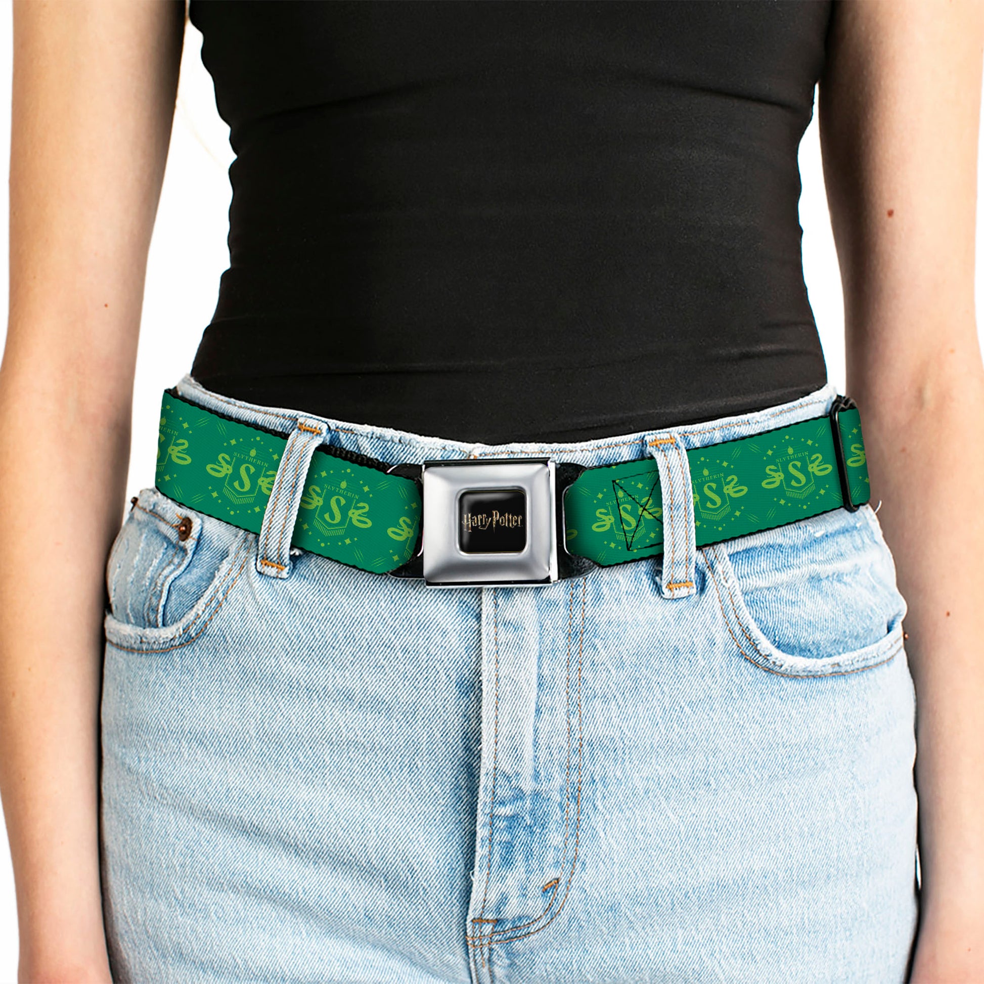 HARRY POTTER Title Logo Full Color Black Seatbelt Belt - Harry Potter Slytherin House Pride Banner Greens Webbing Seatbelt Belts Harry Potter