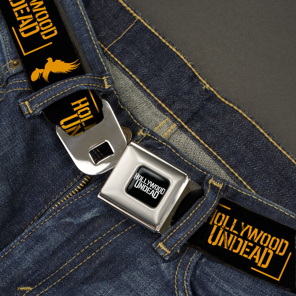 HOLLYWOOD UNDEAD Text Logo Full Color Black/White Seatbelt Belt - HOLLYWOOD UNDEAD Text Logo/Dove & Grenade Icon Black/Gold Webbing Seatbelt Belts Hollywood Undead