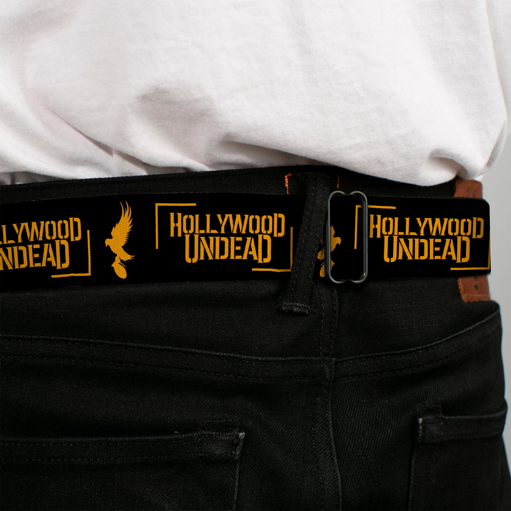 HOLLYWOOD UNDEAD Text Logo Full Color Black/White Seatbelt Belt - HOLLYWOOD UNDEAD Text Logo/Dove & Grenade Icon Black/Gold Webbing Seatbelt Belts Hollywood Undead