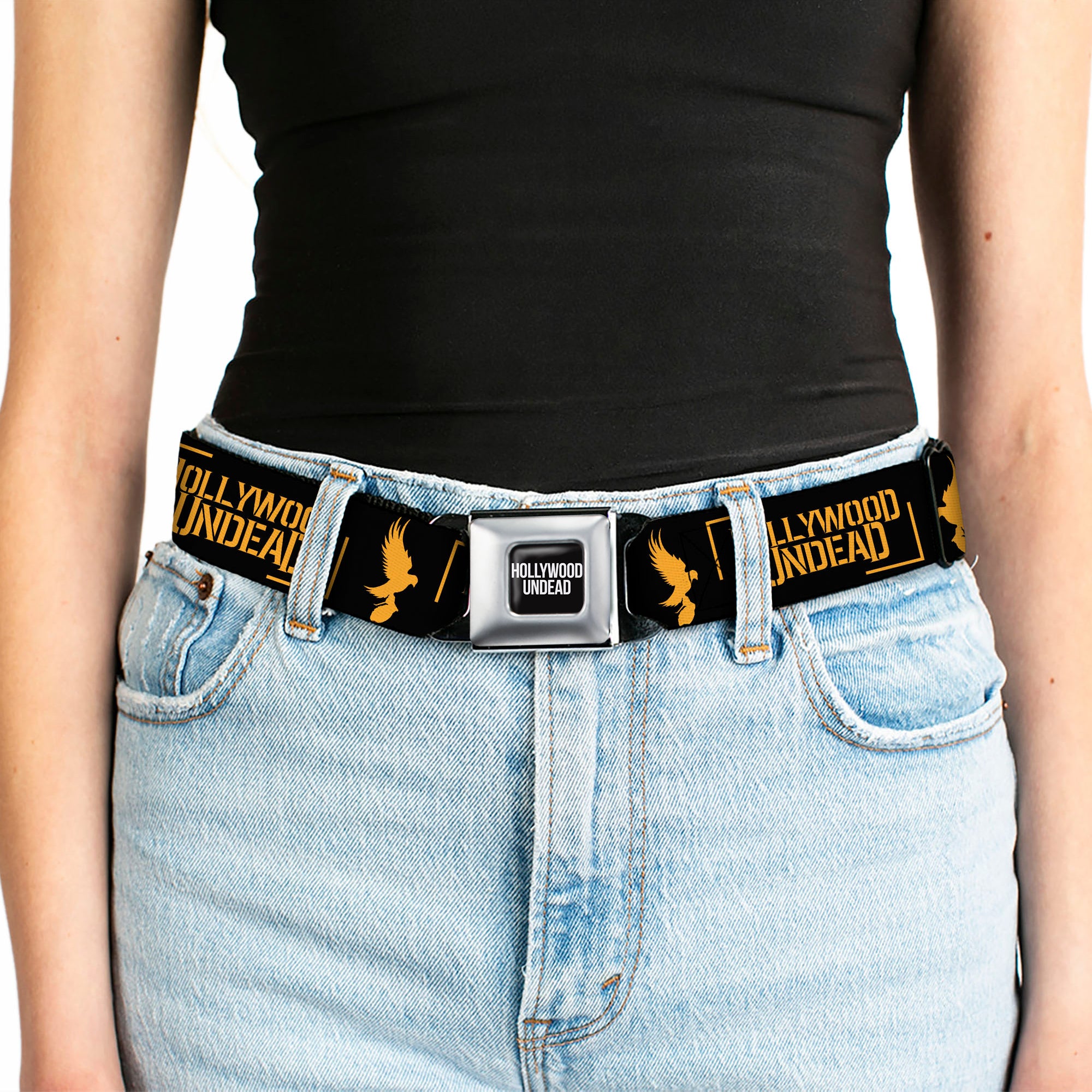 HOLLYWOOD UNDEAD Text Logo Full Color Black/White Seatbelt Belt - HOLLYWOOD UNDEAD Text Logo/Dove & Grenade Icon Black/Gold Webbing Seatbelt Belts Hollywood Undead