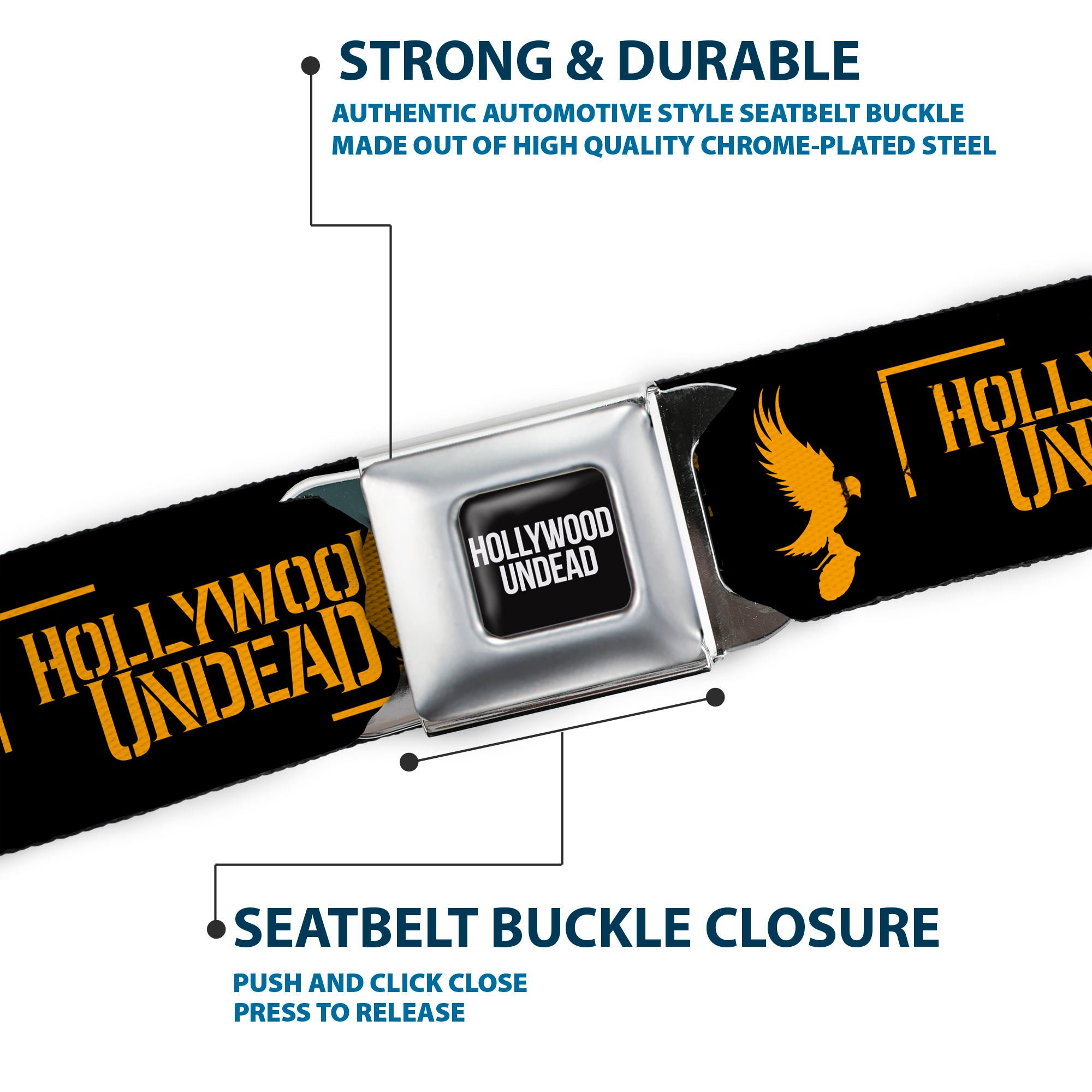 HOLLYWOOD UNDEAD Text Logo Full Color Black/White Seatbelt Belt - HOLLYWOOD UNDEAD Text Logo/Dove & Grenade Icon Black/Gold Webbing Seatbelt Belts Hollywood Undead