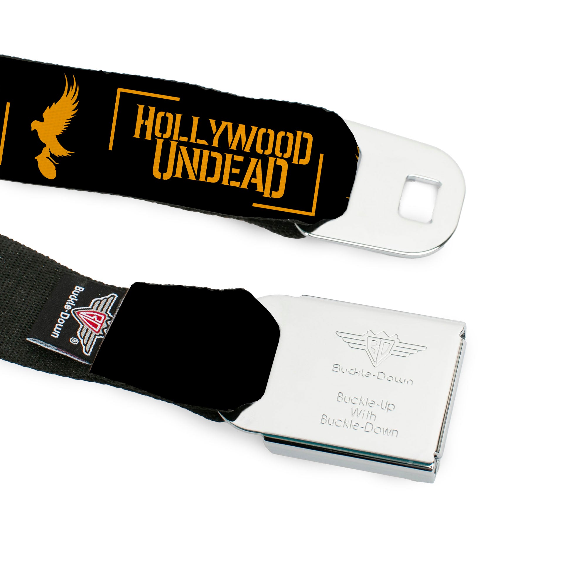 HOLLYWOOD UNDEAD Text Logo Full Color Black/White Seatbelt Belt - HOLLYWOOD UNDEAD Text Logo/Dove & Grenade Icon Black/Gold Webbing Seatbelt Belts Hollywood Undead