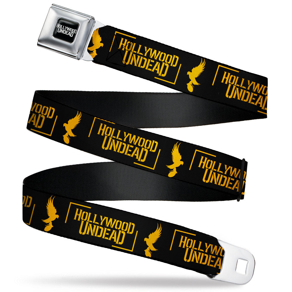 HOLLYWOOD UNDEAD Text Logo Full Color Black/White Seatbelt Belt - HOLLYWOOD UNDEAD Text Logo/Dove & Grenade Icon Black/Gold Webbing Seatbelt Belts Hollywood Undead