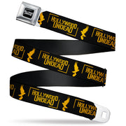 HOLLYWOOD UNDEAD Text Logo Full Color Black/White Seatbelt Belt - HOLLYWOOD UNDEAD Text Logo/Dove & Grenade Icon Black/Gold Webbing Seatbelt Belts Hollywood Undead