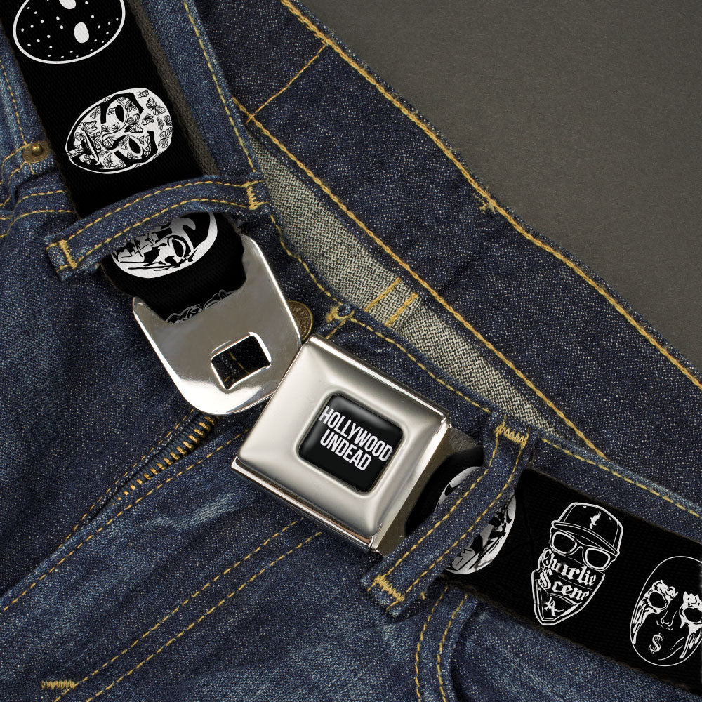 HOLLYWOOD UNDEAD Text Logo Full Color Black/White Seatbelt Belt - Hollywood Undead Mask Icons Scattered Black/White Webbing Seatbelt Belts Hollywood Undead