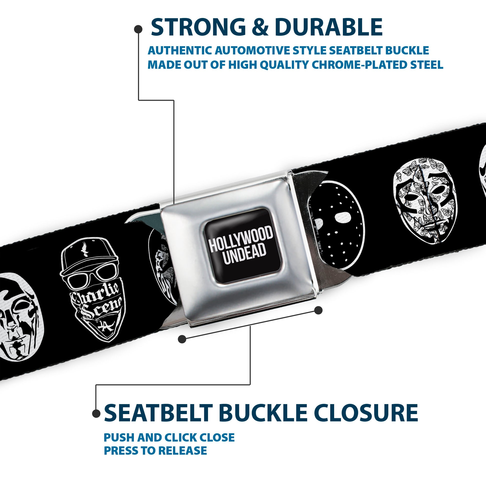 HOLLYWOOD UNDEAD Text Logo Full Color Black/White Seatbelt Belt - Hollywood Undead Mask Icons Scattered Black/White Webbing Seatbelt Belts Hollywood Undead