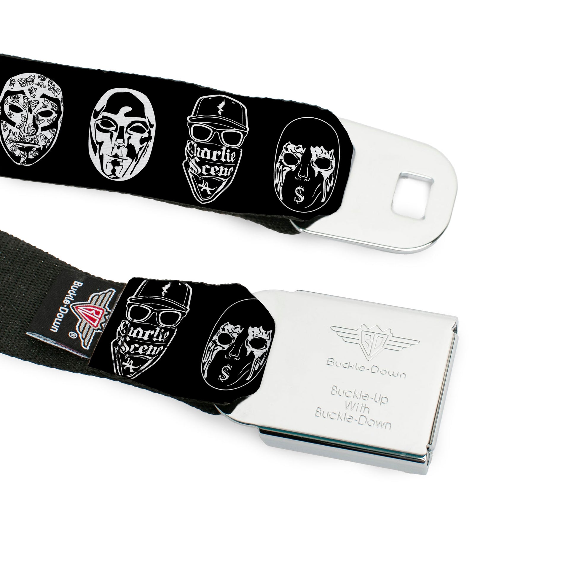 HOLLYWOOD UNDEAD Text Logo Full Color Black/White Seatbelt Belt - Hollywood Undead Mask Icons Scattered Black/White Webbing Seatbelt Belts Hollywood Undead