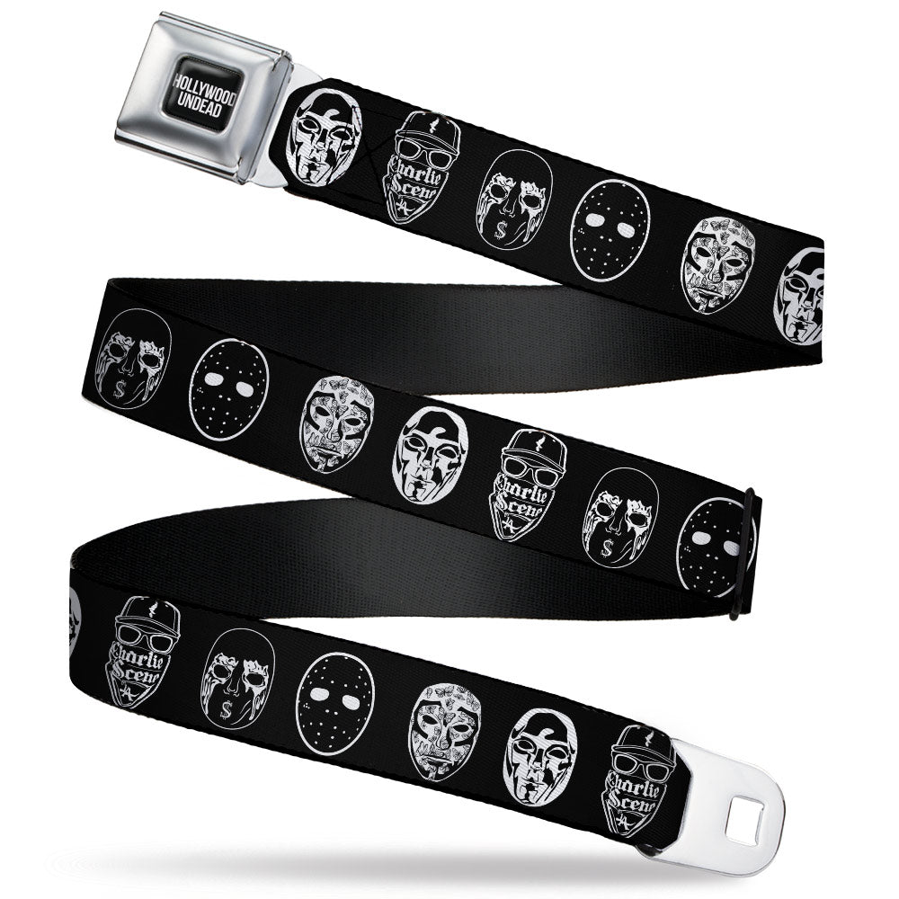 HOLLYWOOD UNDEAD Text Logo Full Color Black/White Seatbelt Belt - Hollywood Undead Mask Icons Scattered Black/White Webbing Seatbelt Belts Hollywood Undead