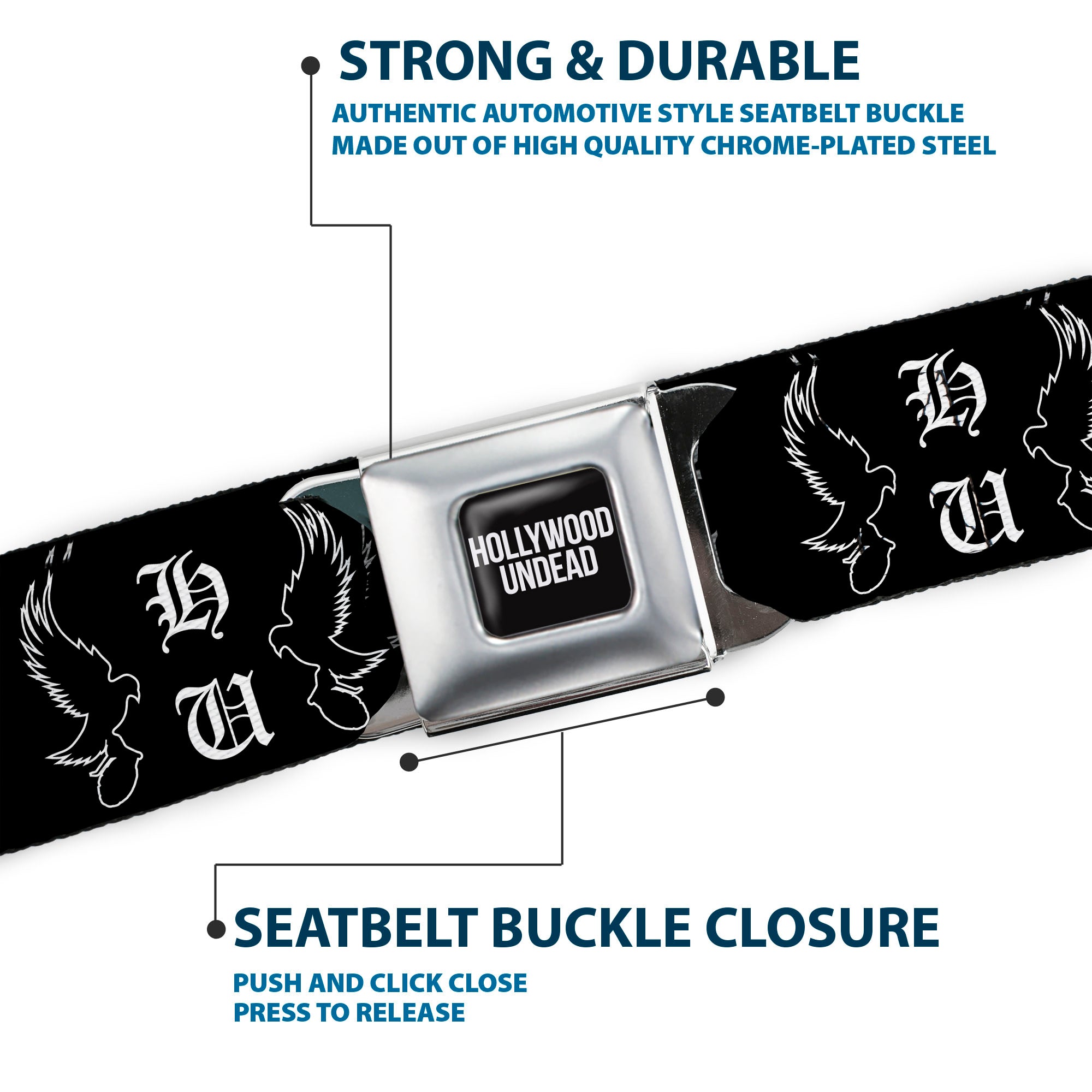 HOLLYWOOD UNDEAD Text Logo Full Color Black/White Seatbelt Belt - Hollywood Undead HU Shatter Dove & Grenade Black/White Webbing Seatbelt Belts Hollywood Undead