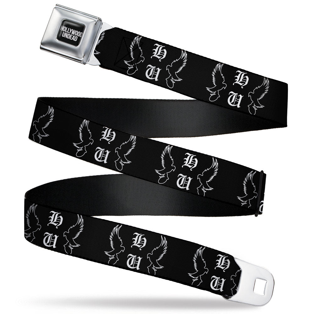 HOLLYWOOD UNDEAD Text Logo Full Color Black/White Seatbelt Belt - Hollywood Undead HU Shatter Dove & Grenade Black/White Webbing Seatbelt Belts Hollywood Undead