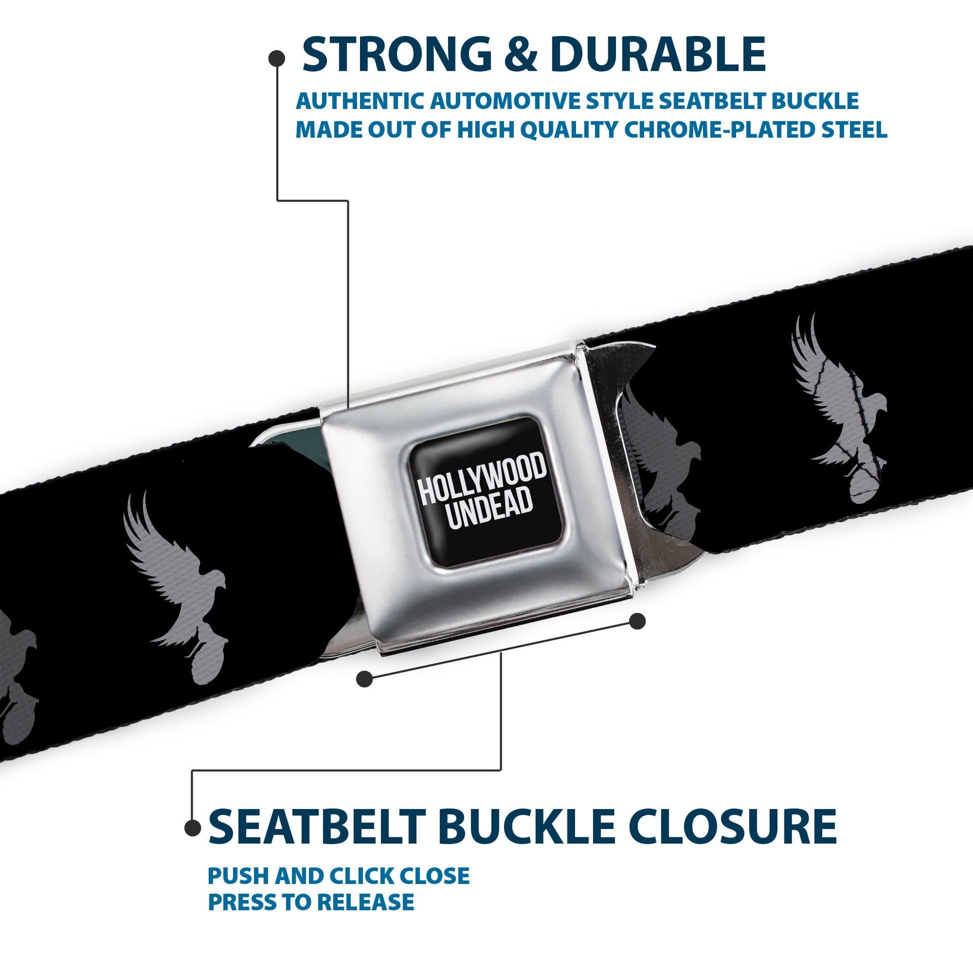 HOLLYWOOD UNDEAD Text Logo Full Color Black/White Seatbelt Belt - Hollywood Undead Dove & Grenade Icon Black/Grays Webbing Seatbelt Belts Hollywood Undead